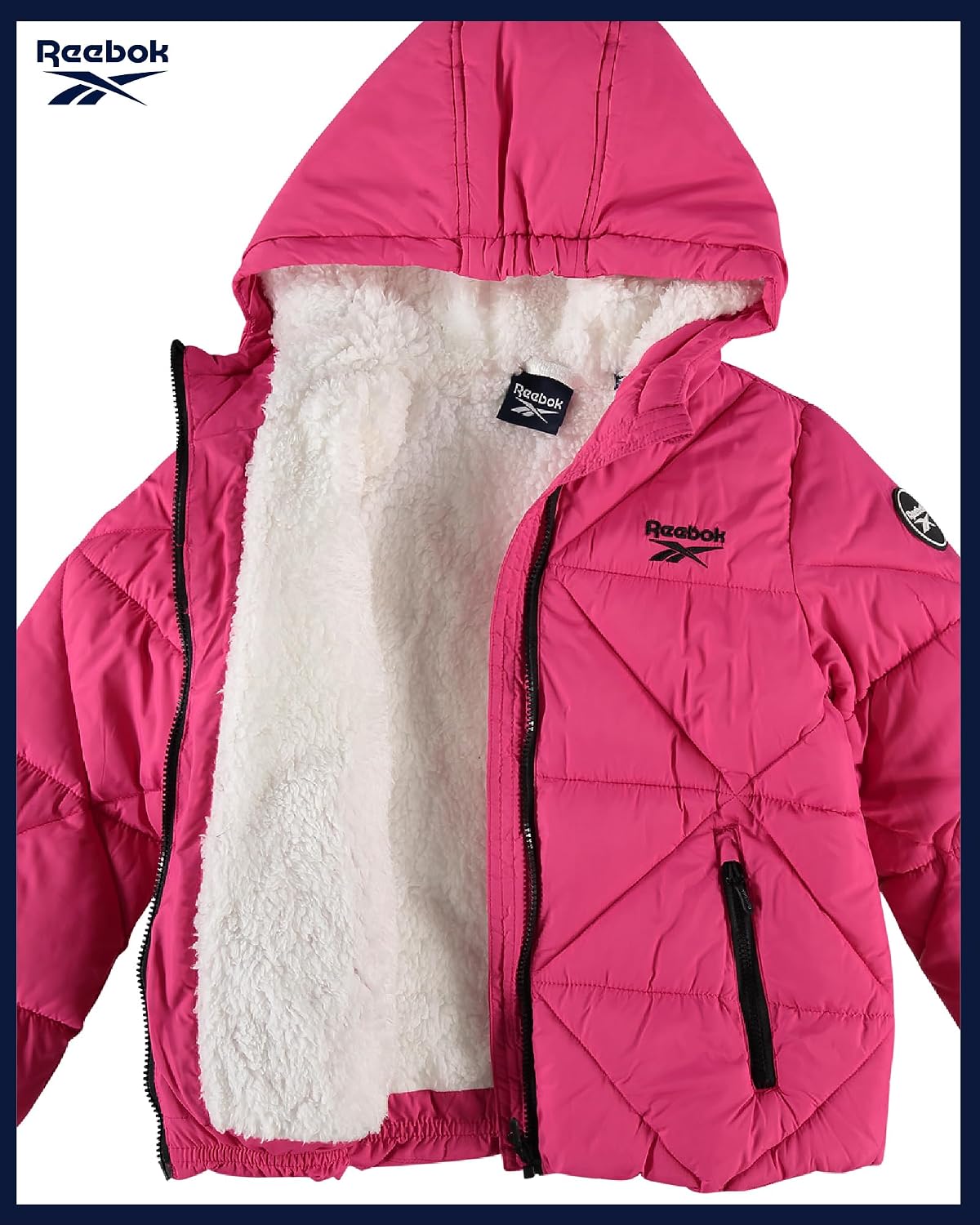 Reebok Girls Heavyweight Quilted Cropped Puffer Parka with Sherpa Lining