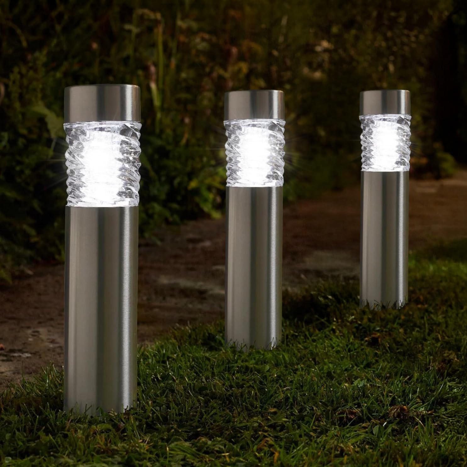 Garden Mile Set of 3 Super Bright Wave Bollard Garden Lights Solar Powered Waterproof Outdoor Lighting Stainless Steel Solar Path Lights for Driveway Pathway Lighting Ideal for Flowerbeds Borders