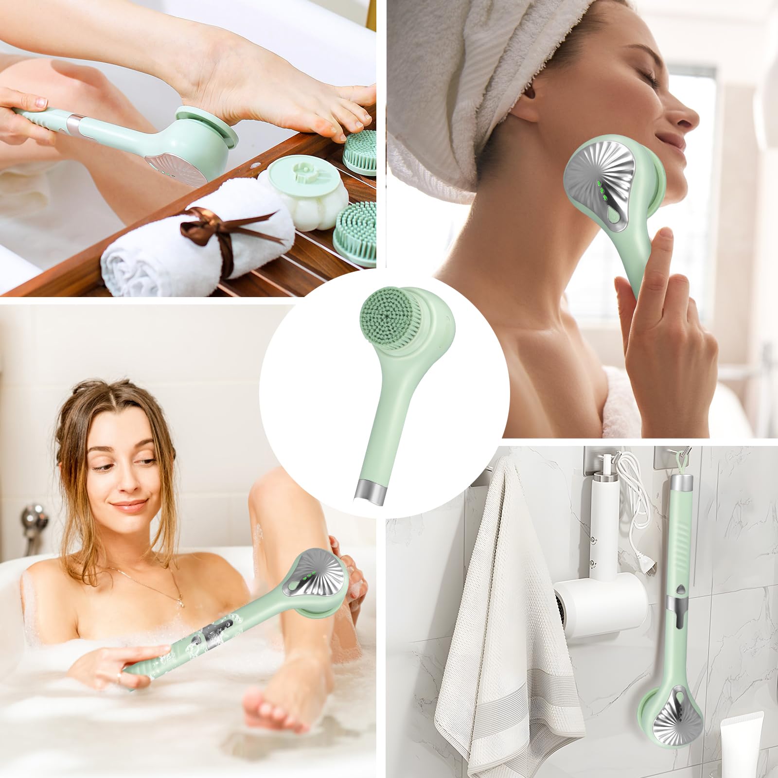 Spazzola Schiena Doccia Elettrica,Spazzola Doccia Elettrica Ip67,Con Manico Lungo,Rotazione 360°,6 Testine,3 Velocità,Spazzola Elettrica Corpo Per Esfoliante,Migliora La Circolazione,Anti Cellulite