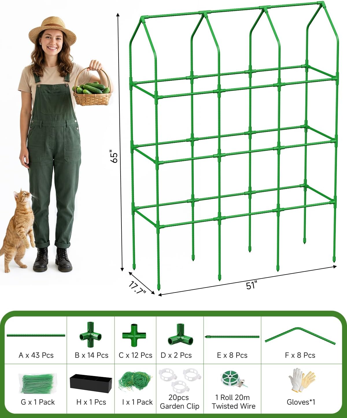 Condition photo showing As Is for 65" cucumber planter with trellis for climbing plants outdoor, metal garden trellis for raised bed, plant support structures with netting for cucumbers tomatoes beans peas (50 * 17 * 65inch(l*w*h) 50 * 17 * 65inch(l*w*h) trellis+bag