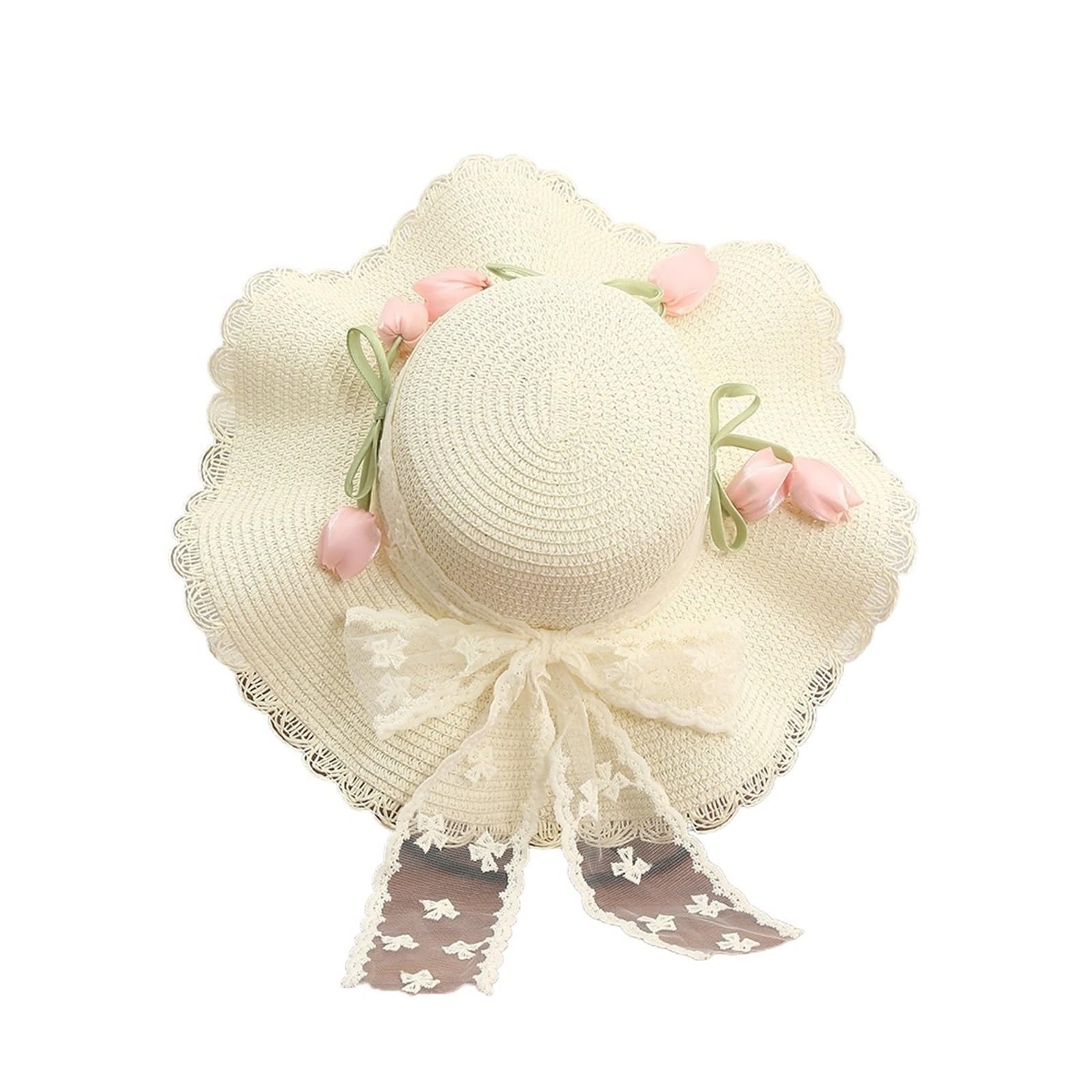 Generico Cappello di Paglia con Nastro Pizzo Decorazione a Tulipano, Materiale Traspirante e Non soffocante, Adatto a Scene all'aperto Come la Spiaggia