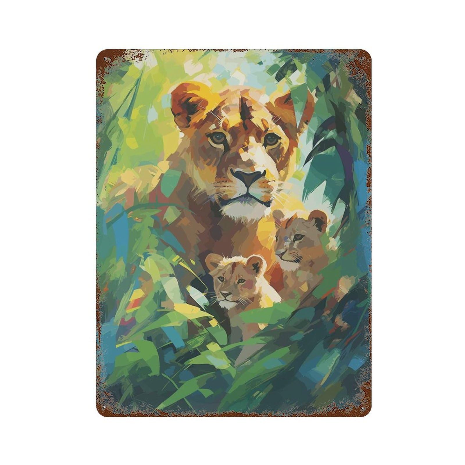 Lioness And Her Cubs Rust Effect Tin Sign 15.7"x11.8", Novelty Wall Decor for Garage, Pub Or Kitchen