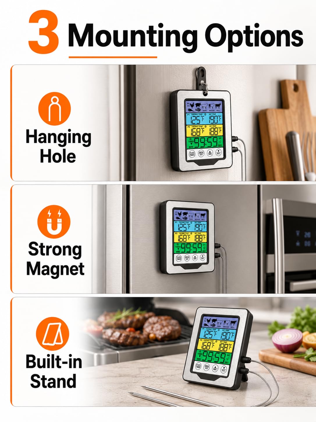 0-300℃/32-572℉ Termometro Digitale con Sonda, Termometri da Cucina, Termometro da Forno con Timer e Schermo Touch a Colori, per Cottura BBQ Alimenti Carne Forno Arrosto Griglia