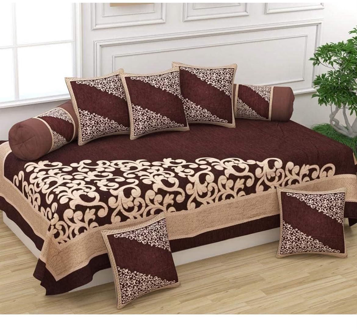Premium Chenille Printed Diwan Set, 8-Piece Combo Pack (1 Single Diwan Bedsheet, 5 Cushion Covers & 2 Bolster Covers) for Living Room, 54 x 90 Inches, Brown-image-33