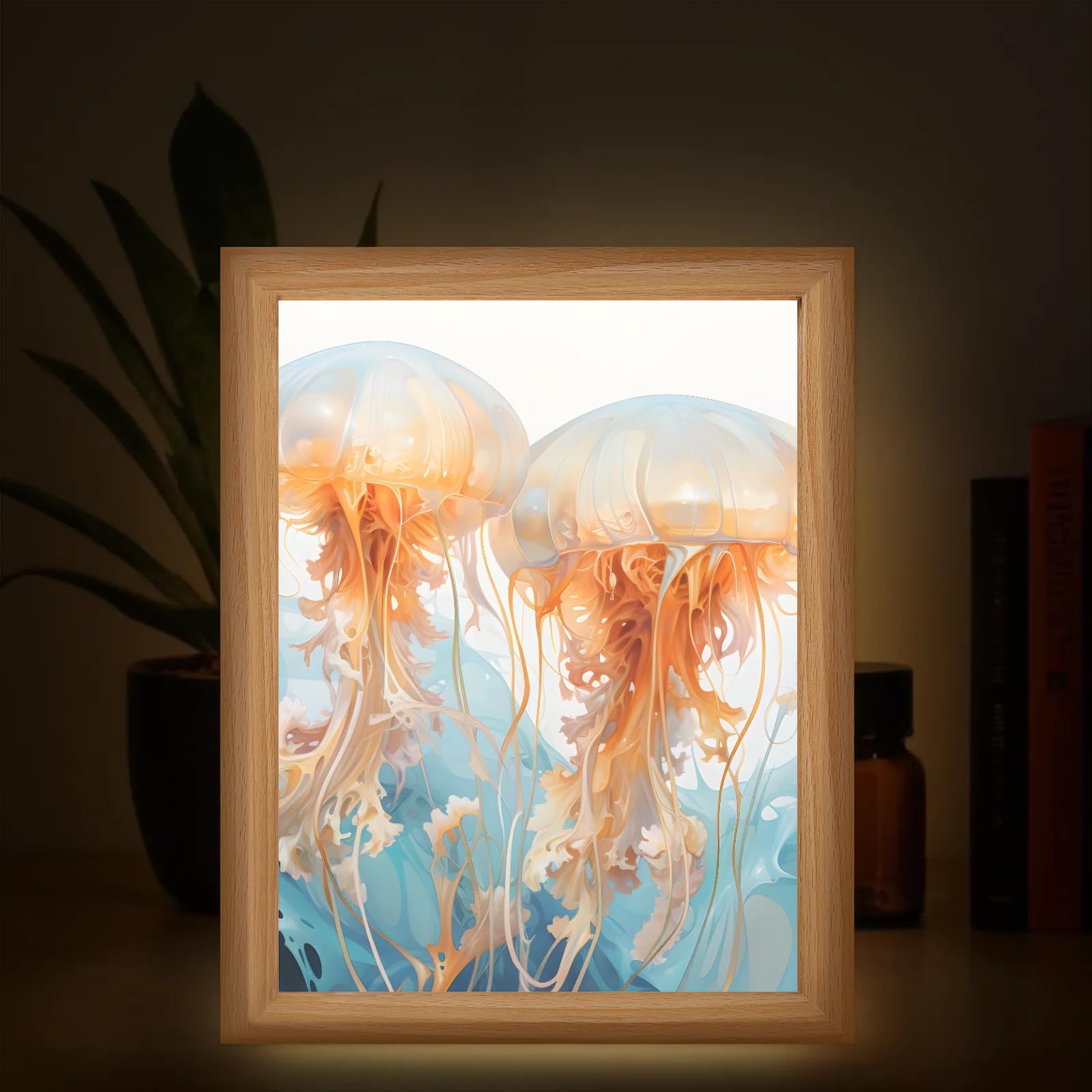 Light Up Painting, Colorful Jellyfish Wall Art Picture Light Dreamy Jellyfish Light Up Desktop Art Decor, 10 Brightness USB Powered 3 Lighting Modes, Anxiety Relief Gift for Bedroom Home-Without Frame
