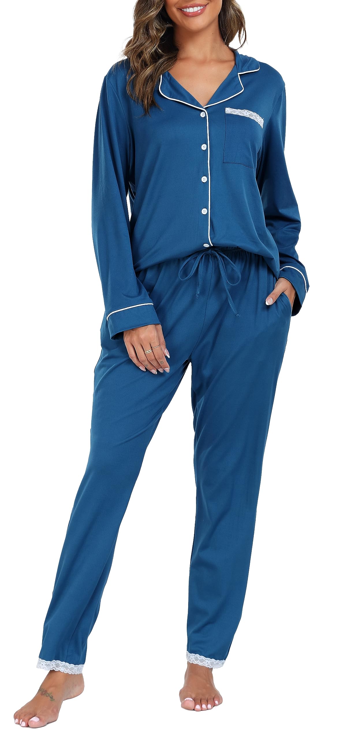 Vlazom Damen Schlafanzug Zweiteiliger Damen Pyjama mit Knopfleiste V-Ausschnitt Pyjama Set für Frauen Umlegekragen Lange Hose mit Gummibund Zweiteiliger Sleepwear