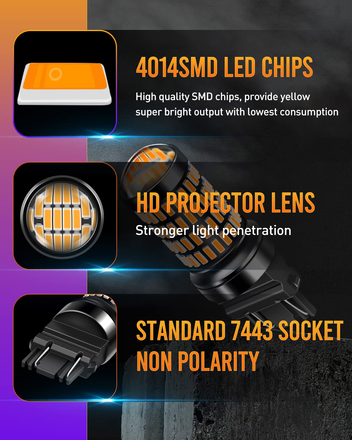 LUYED 3157 LED Bulb Amber Yellow 300% Brighter Super Bright 3056 3156 3057 4157 LED Bulbs With Projector For Turn Signal Tail Brake Blinker Parking Lights,Pack Of 2