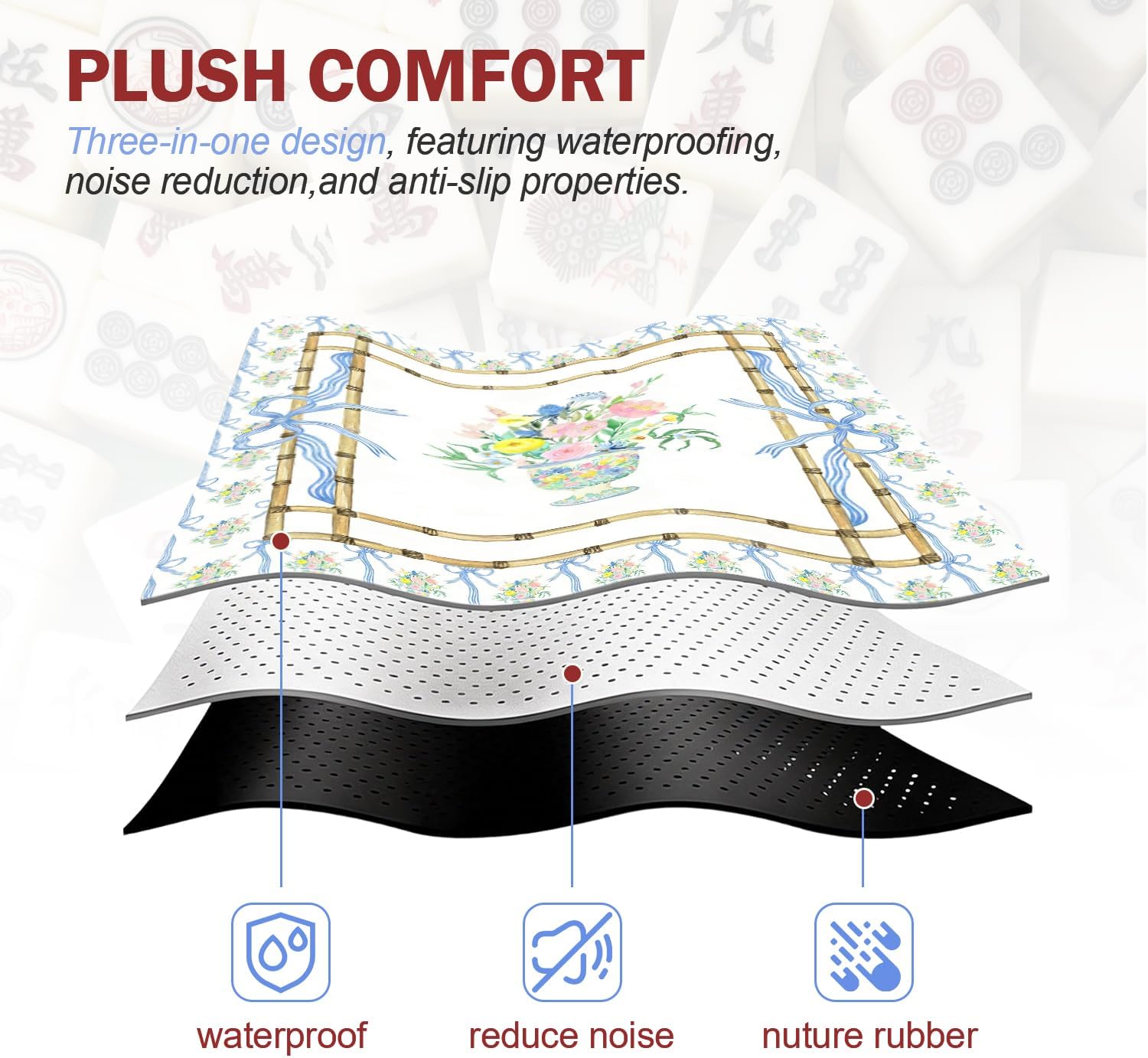 Preppy Blue Bow Floral Mahjong Mat for Table 31.5 x 31.5 in, Pink and Blue Botanical Flower Jar Non-Slip Noise Reduction Game Table Cover for American Mahjong Card Board Tile Games