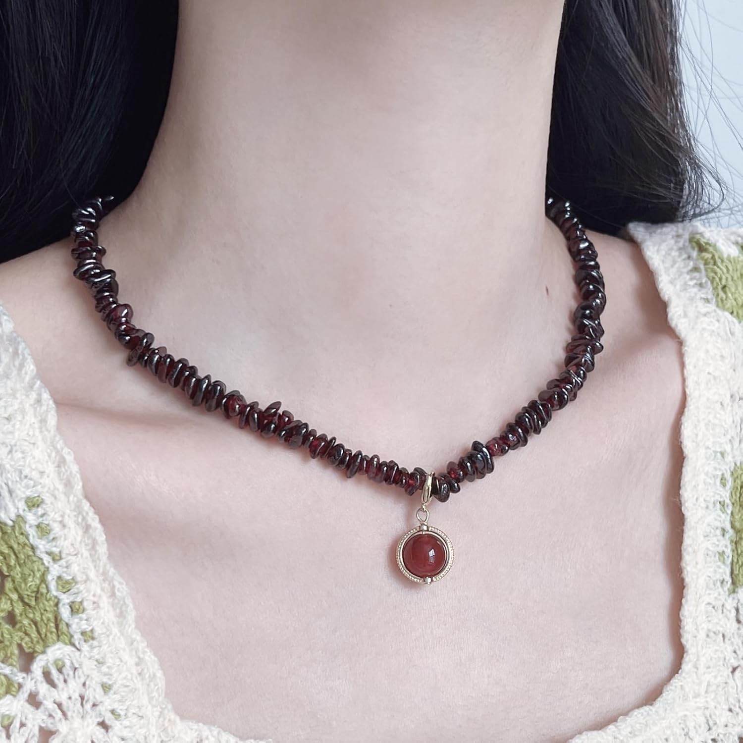 Raw Natural Garnets Chips Necklace with Round Garnet Bead Pendant, January Birthstone Necklace, Red Crystal Gemstone Chain, Handmade Energy Healing Crystals Gift for Her (14K Gold Plated)