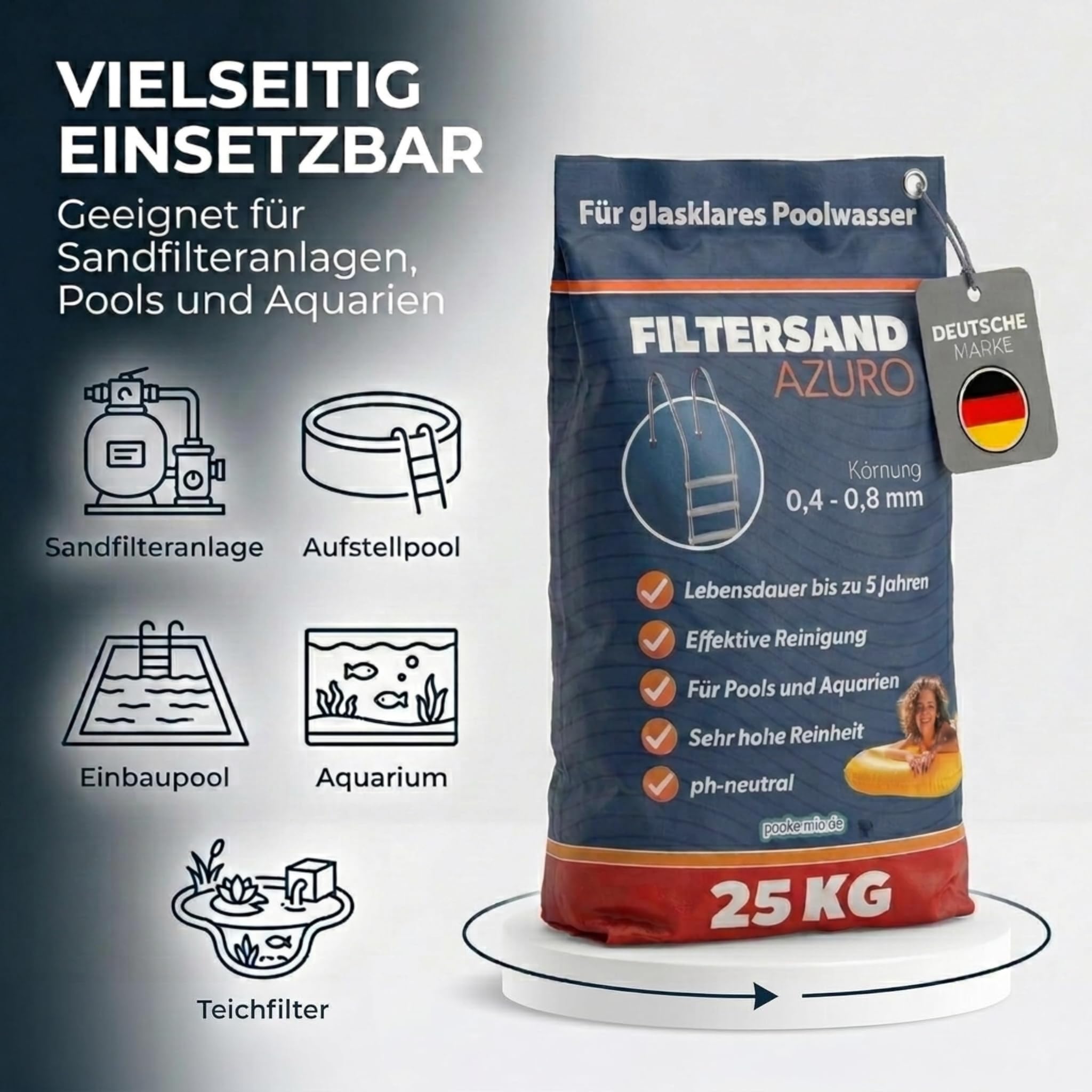poolomio® Piasek filtrujący do instalacji piaskowej basenowej – 25 kg | wysokiej jakości piasek kwarcowy, filtr piaskowy, filtr basenowy, piasek akwariowy | ziarnistość 0,6-1,2 mm zapewnia