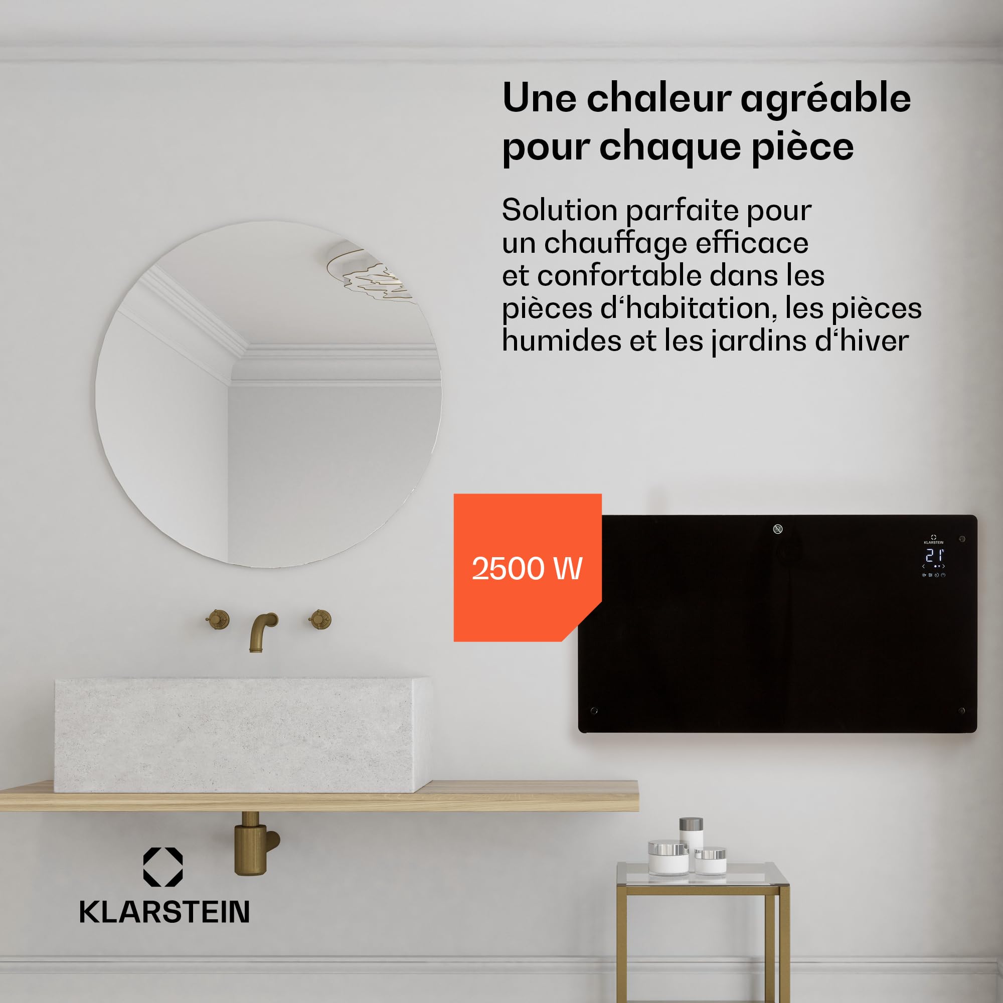 Klarstein Radiateur Electrique à Convection, Faible Consommation d'Energie, Chauffage Electrique d'Intérieur de 2500W avec Thermostat, Chauffage Mural et Portable, Chauffage d'Appoint, Radiateurs