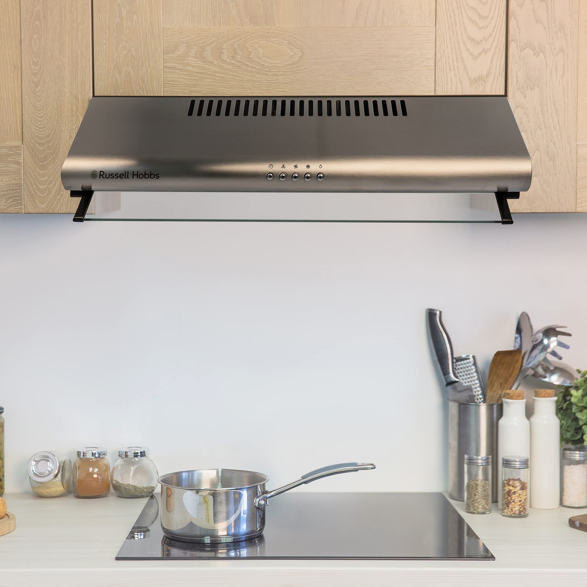 Russell Hobbs 60cm Wide Visor Cooker Hood in Stainless Steel, 3 Speed Settings, Washable Filters, LED Lights, Low Noise, Extraction and Recirculation, Premium Push Button Controls, RHVSRCH602SS -M — view 4