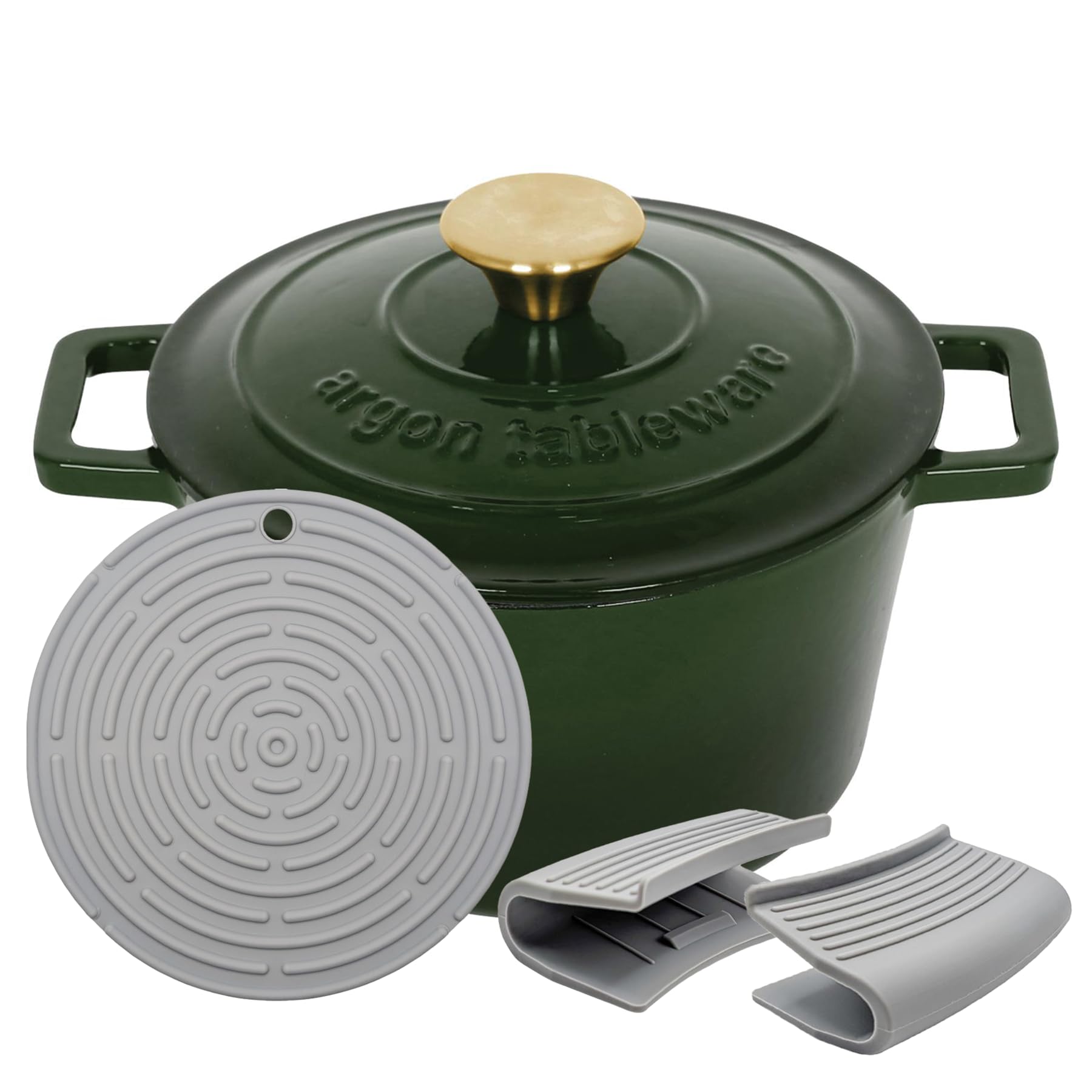 Argon Tableware Round Cast Iron Casserole Dish with Self-Basting Lid - 2.8L - Green - 1x Induction Hob Cooking Dutch Oven Bread Baking Serving Roasting Stew Stock Pot Cookware Pan