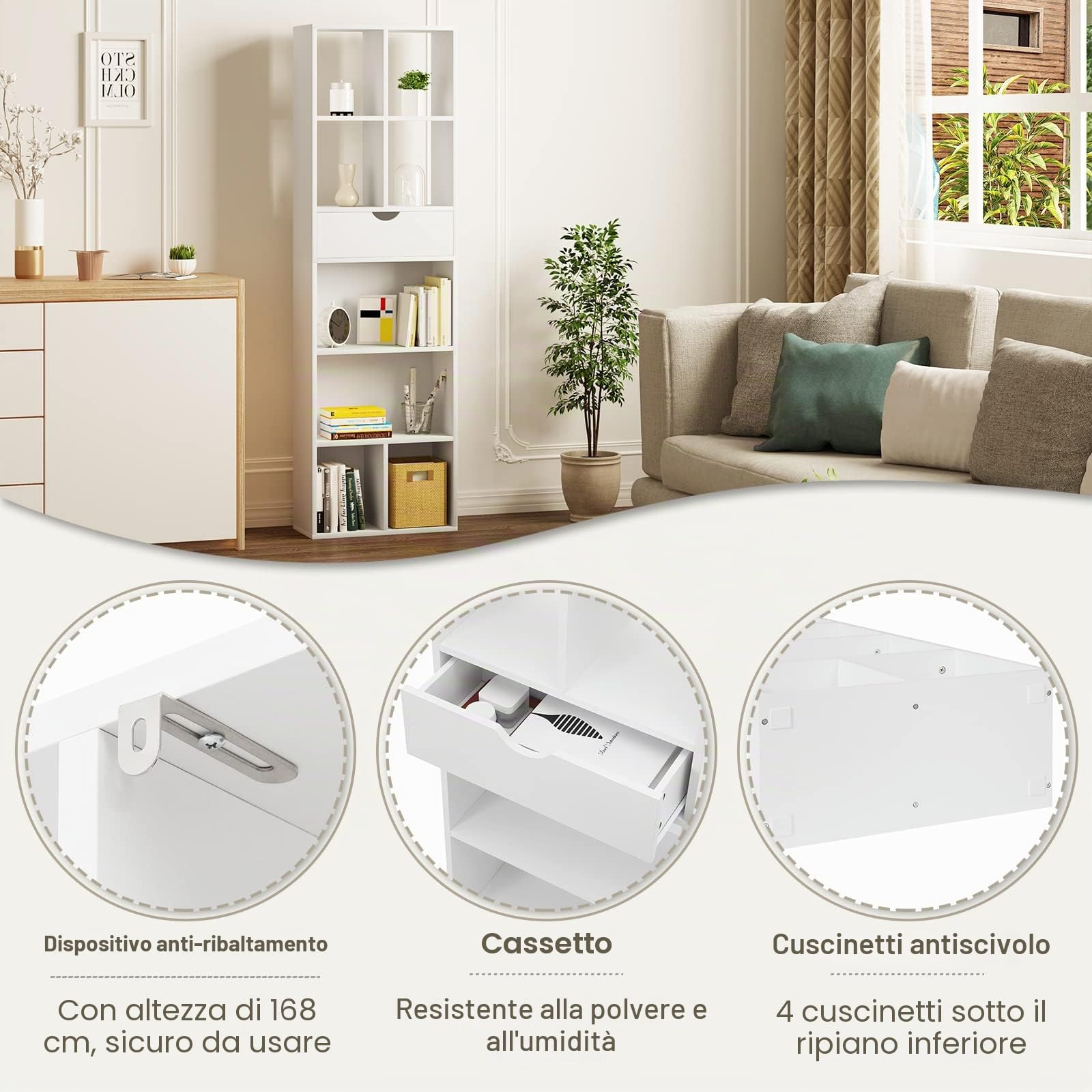 EUGAD Libreria Bianca, Scaffale Soggiorno con 8 Vani Portaoggetti, Mobile in Legno Salvaspazio con Cassetto, Portalibri da Terra Moderno per Camera da Letto, Ufficio, 50x24x168 cm