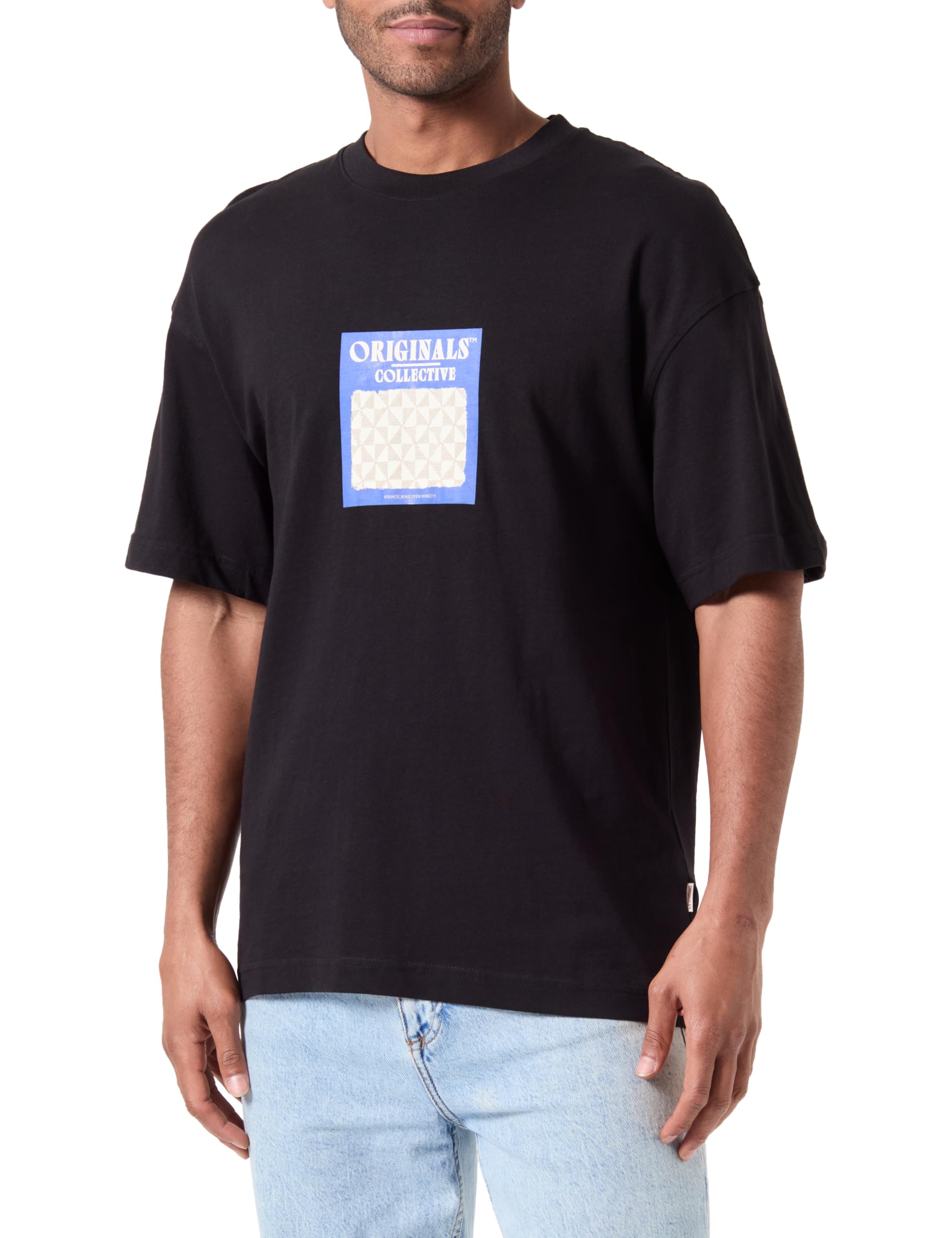 Jack & Jones Men's Black T-Shirt Printed Crew Neck T-Shirt, M