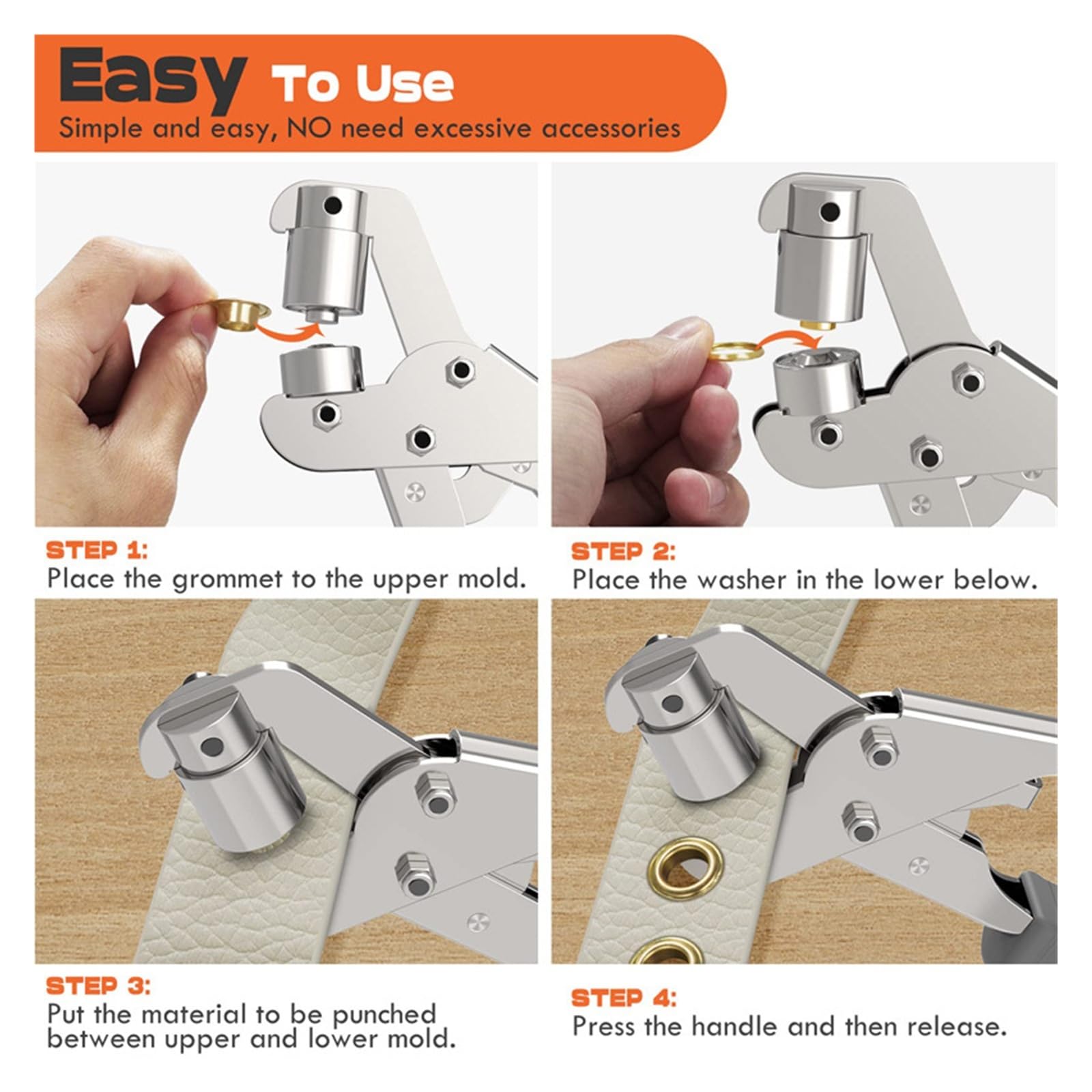 Pinze portatili per occhielli, in acciaio inox, senza sforzo, installazione manuale per occhielli, rivetti, bottoni su pelle, tela, teloni e tessuti (50 set e strumenti, 6 mm)