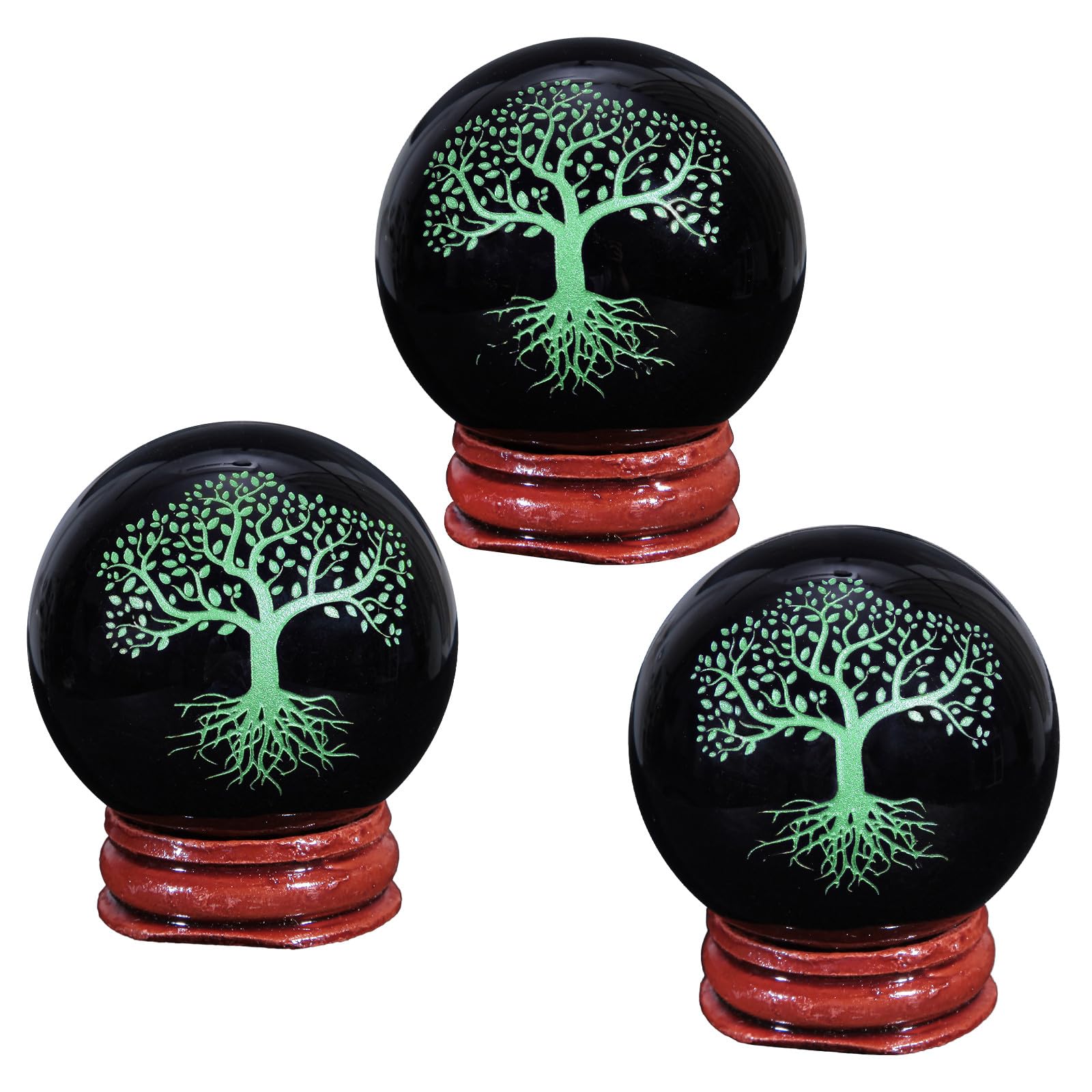 mookaitedecor Engraved Tree of Life Symbol Black Obsidian Crystal Ball Sphere Ornament with Wooden Stand - Image 3