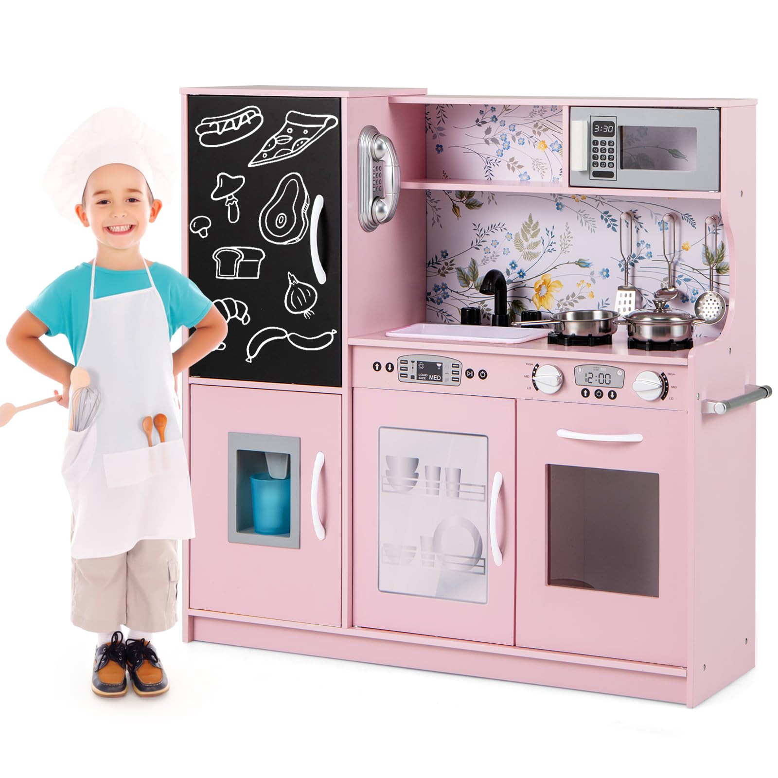 GYMAX Pretend Play Kitchen, Toddler Kitchen Playset with Blackboard, Phone, Microwave, Ice Maker, Dishwasher, Oven, Accessories & Sounds, Wooden Kitchen Toy for 3-6 Years Old (Light Pink)