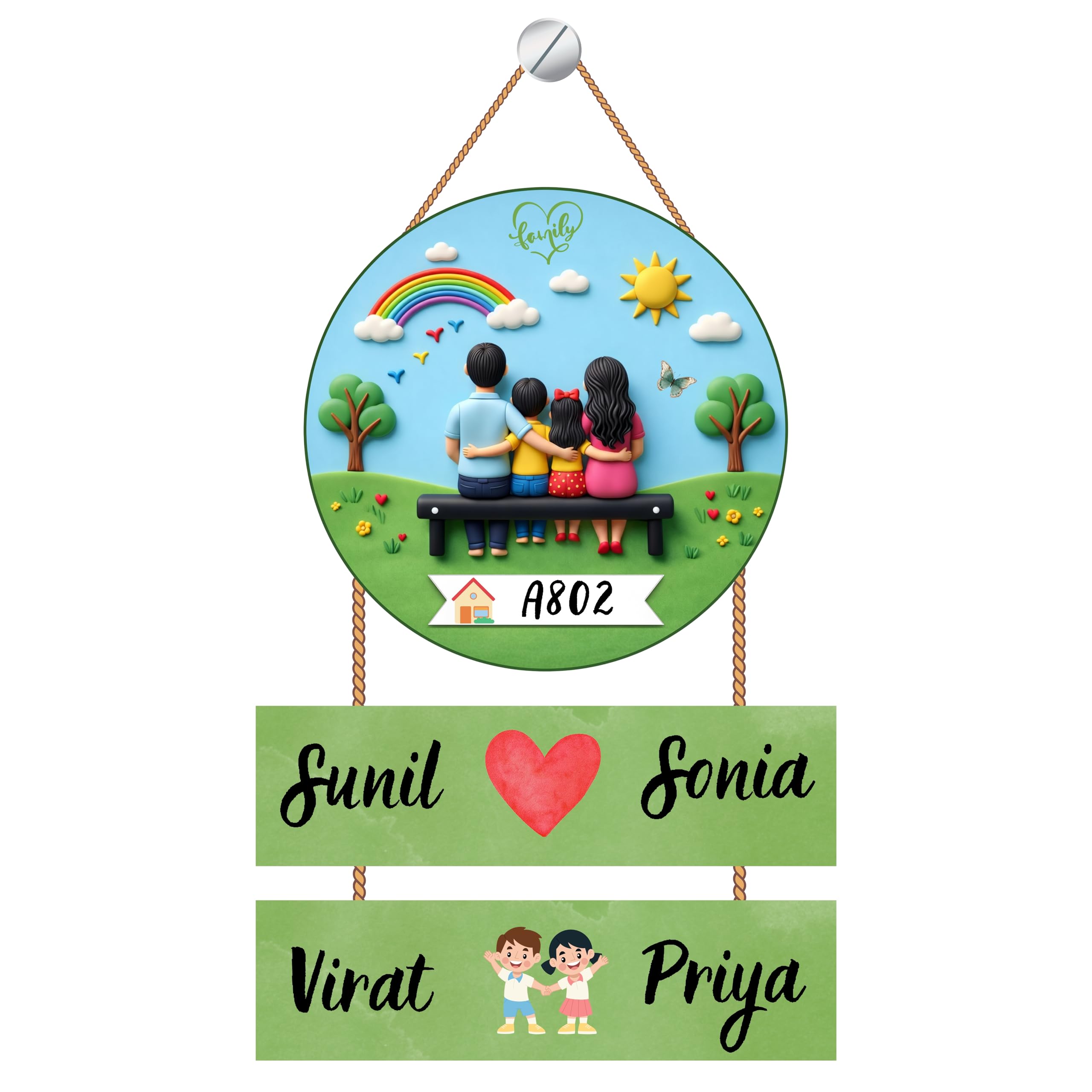 CraftLovers Personalized Family Name Plate for Home – MDF UV Printed Hanging Nameplate with Couple & Kids Names | 6 Family Options | Customized Door Decor | Housewarming Gift | 3-Tier Round Design-image-48