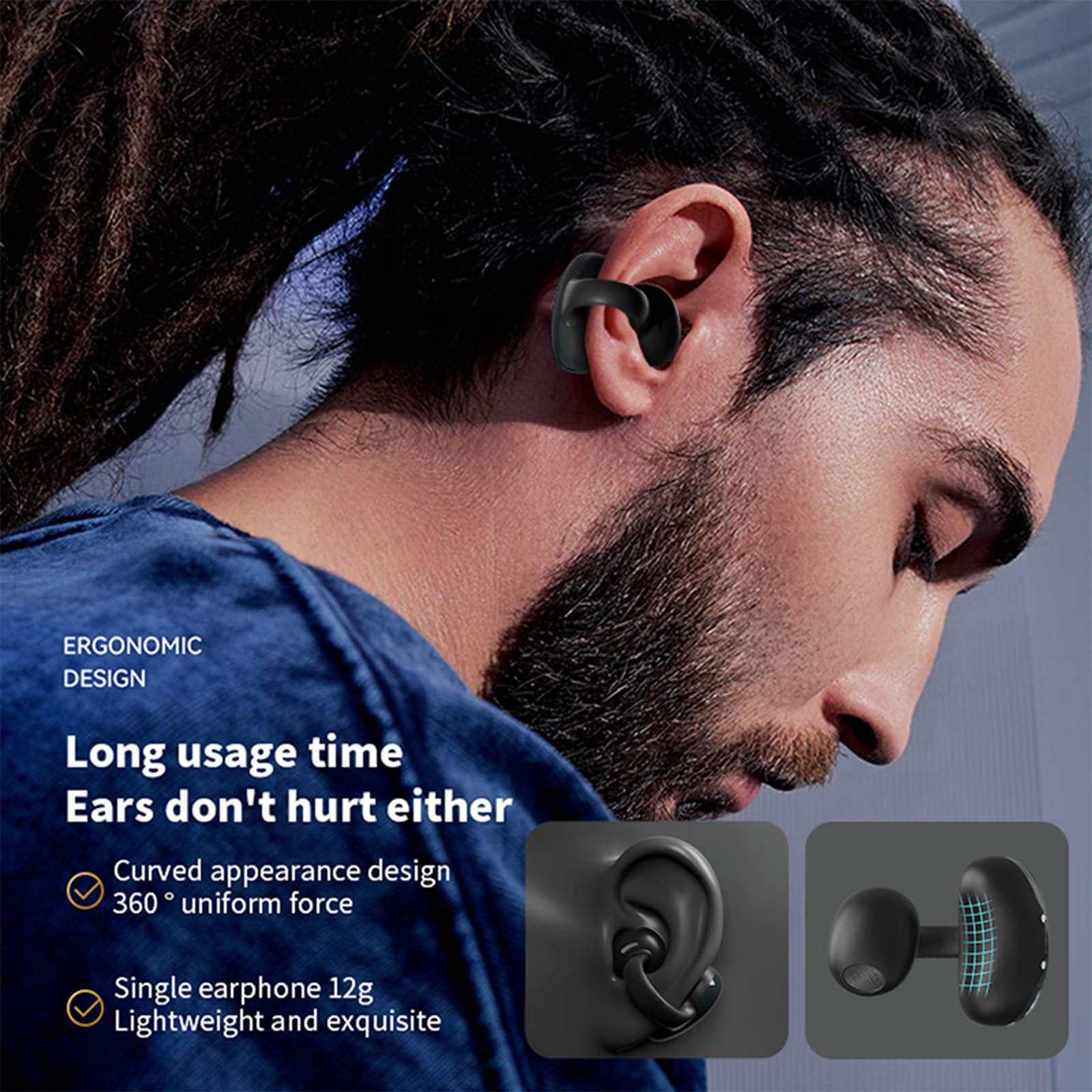 KHEALING Oreillette sans fil Bluetooth avec clip d'oreille, haute qualité sonore, longue durée de vie, faible latence, réduction du bruit, casque de jeu et de sport (noir)