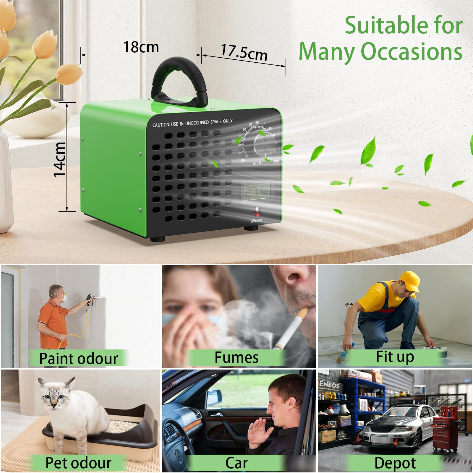 FREEUP Generatore di ozono 60.000 mg/h, Portatile Ozonizzatore per Ambienti Abitazioni Auto Casa Uffici Hotel, con Indicatore di Temperatura e Umidità, Timer 120 min, Max 400 m², Verde