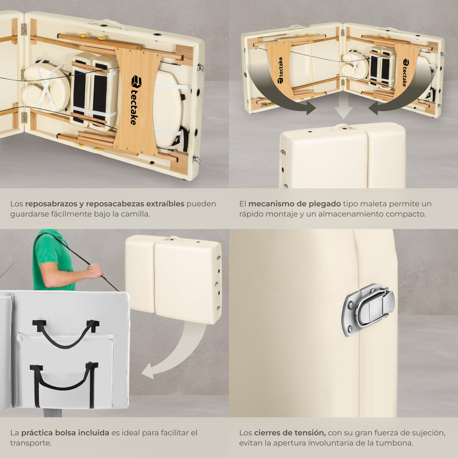 tectake Camilla Masaje Plegablle para Fisioterapia Tatuajes Quiromasaje, Camilla Portátil Ajustable para Estética Belleza, Carga 250kg y Acolchado de 7,5cm, con Accesorios - Beige