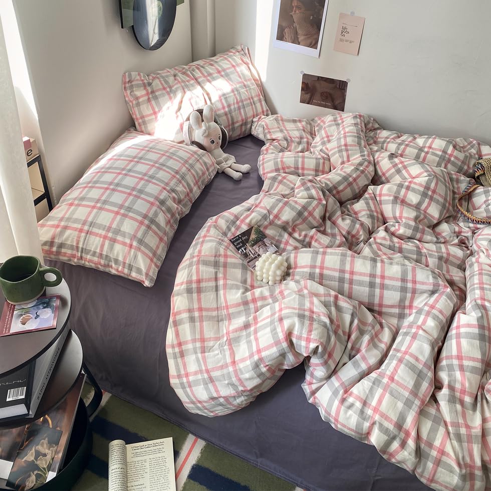 Image of EAVD Vintage Style Plaid Duvet Cover Queen Grey Pink Grid Soft 100% Washed Cotton Reversible Bedding Set Farmhouse Grid Checkered Bedding Set with 2 Pillowcases Modern Gingham Duvet Cover with Zipper