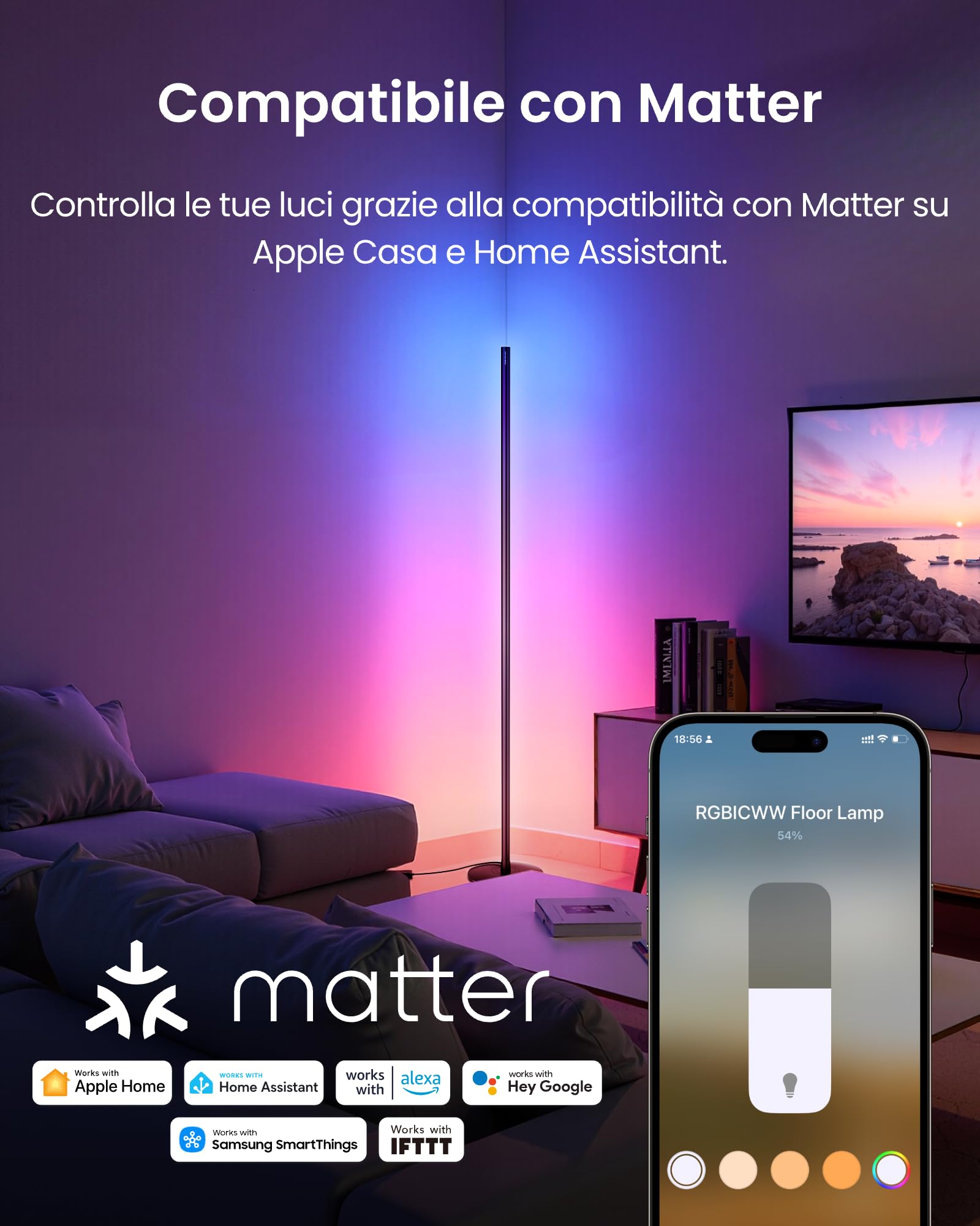 SwitchBot Matter RGBICWW Lampada da Terra, Luce Calda/Fredda, Piantana Lampada da Terra LED funziona con Apple Home, Alexa, Google Home, 16 Mln Colori, Sincronizzazione Musicale, Modalità Scen
