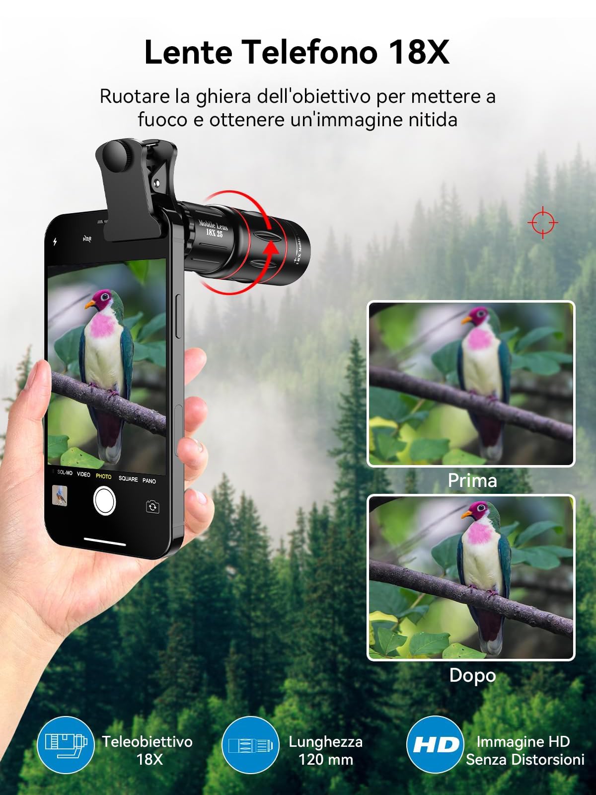 APEXEL 18x Lente per Telescopio, Obiettivo Grandangolare da 0,63x e Obiettivo Macro 15x, Fisheye da 198 °, Treppiede Flessibile per iPhone e la Maggior Parte degli Smartphone