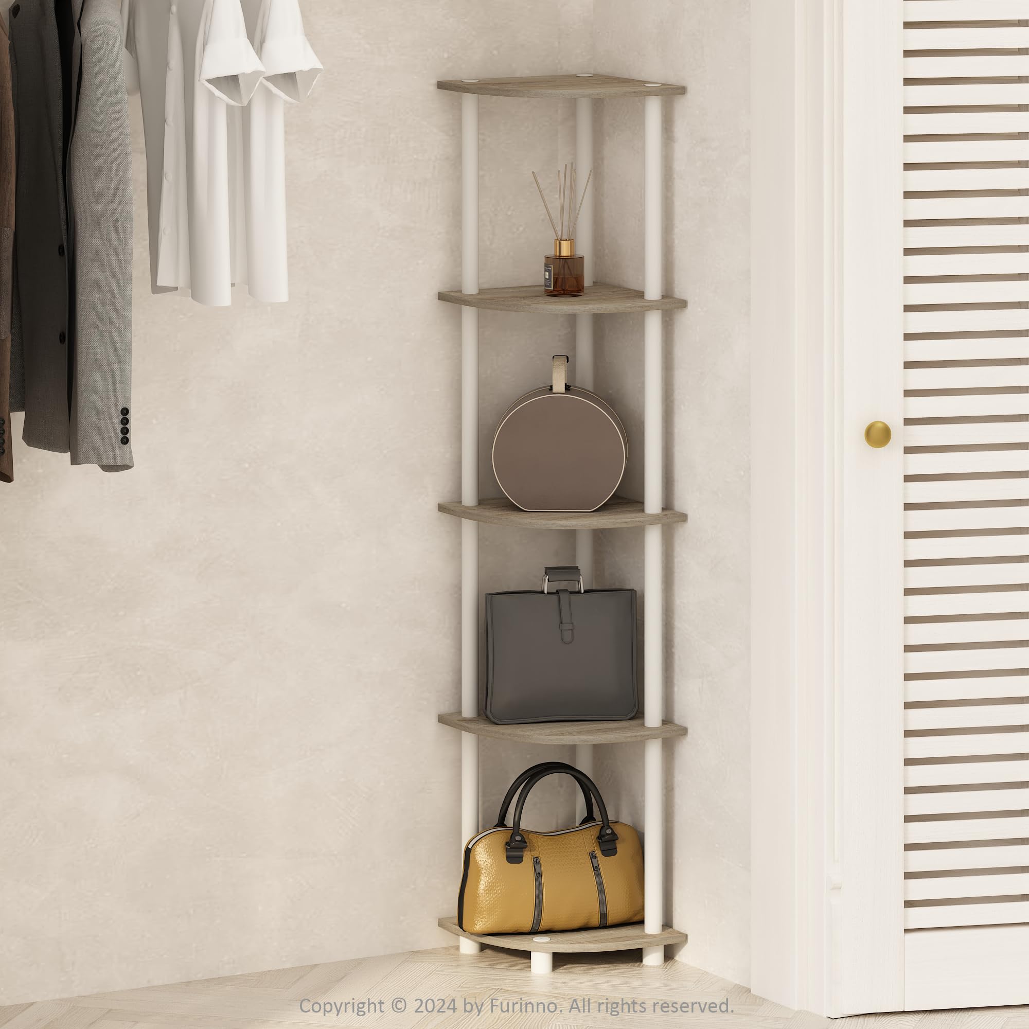 Furinno Turn-N-Tube Storage Shelves, 5-Tier Book Shelf, Corner Shelf, Toolless Open Shelves, for Organization and Storage, Living Room, Home Office, Hallway, Bedroom, Sonoma Oak