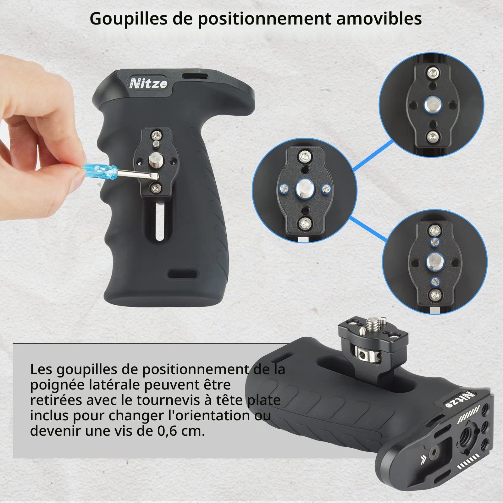 Nitze Ergonomique Poignée Latérale avec vis 1/4" et Goupilles de Positionnement Amovibles,Side Handle pour Main Gauche ou Droite, Réglable vers Le Haut et vers Le Bas - PA29D