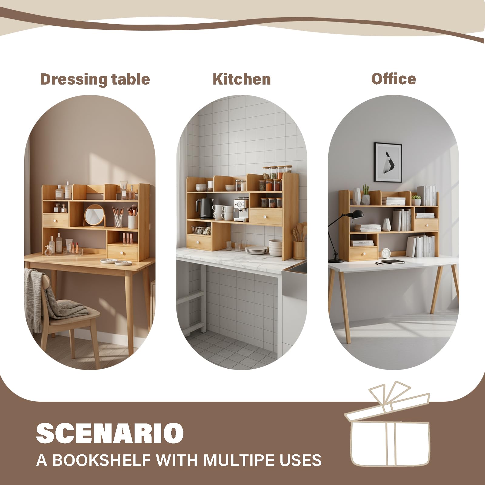 Estanteria Escritorio Pequeña Libreria Madera, Estanterias de Madera para Libros y Oficina, Estante Sobremesa con Cajones y Hueco Alto 30cm, Organizador Robusto 60/80x17x80cm(Color:60x17x80CM)