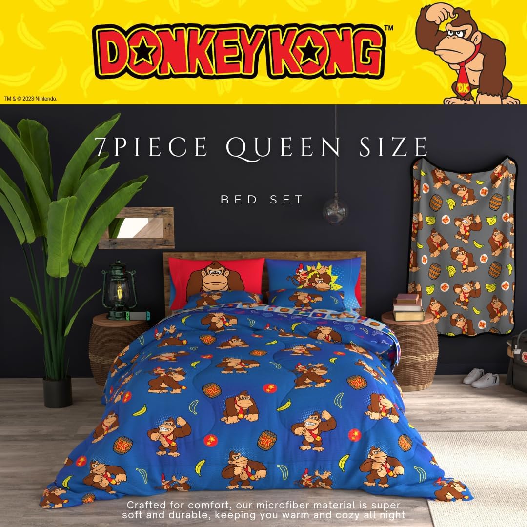 Collectibles Nintendo Donkey Kong Gaming Bedding 7 Piece Super Soft Reversible Comforter and Sheet Set with Sham, Queen, (Officially Licensed Product) By Franco