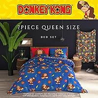 Vista 4 de Franco - Juego de ropa de cama coleccionable Nintendo Donkey Kong, 7 piezas, edredón reversible supersuave y juego de sábanas con funda
