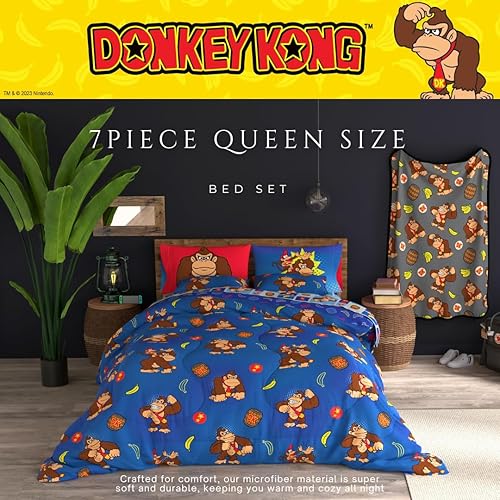 Miniatura 4 de Franco - Ropa de cama de Donkey Kong de Nintendo, juego de 7 piezas con edredón reversible y sábanas supersuaves con estilo gaming, con funda