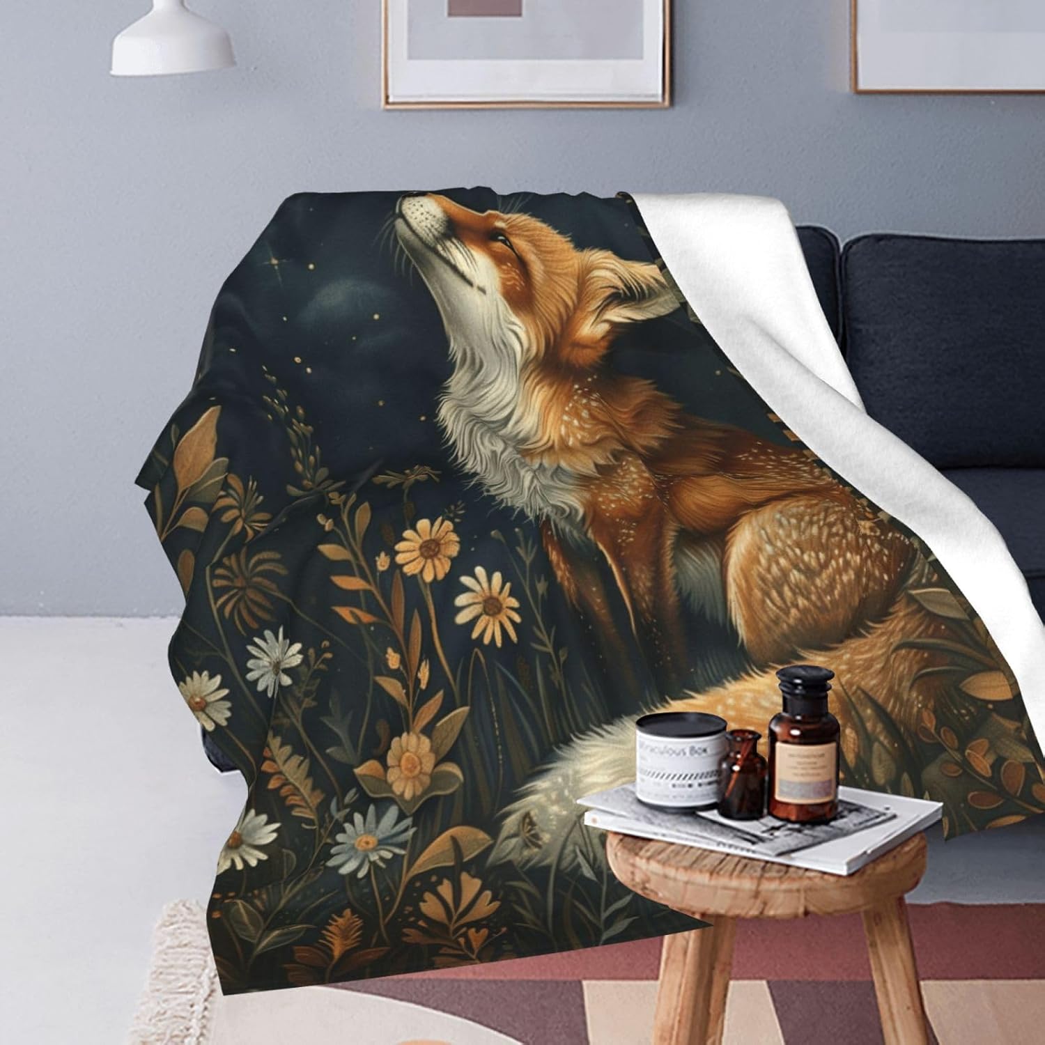 Fox Moon Blanket for Women, Vintage Floral Forest Animal Throw Blankets Soft Lightweight Flannel Throws for Bed Sofa Home Decor, Gifts for Girls Kids, 50x60in - Image 2