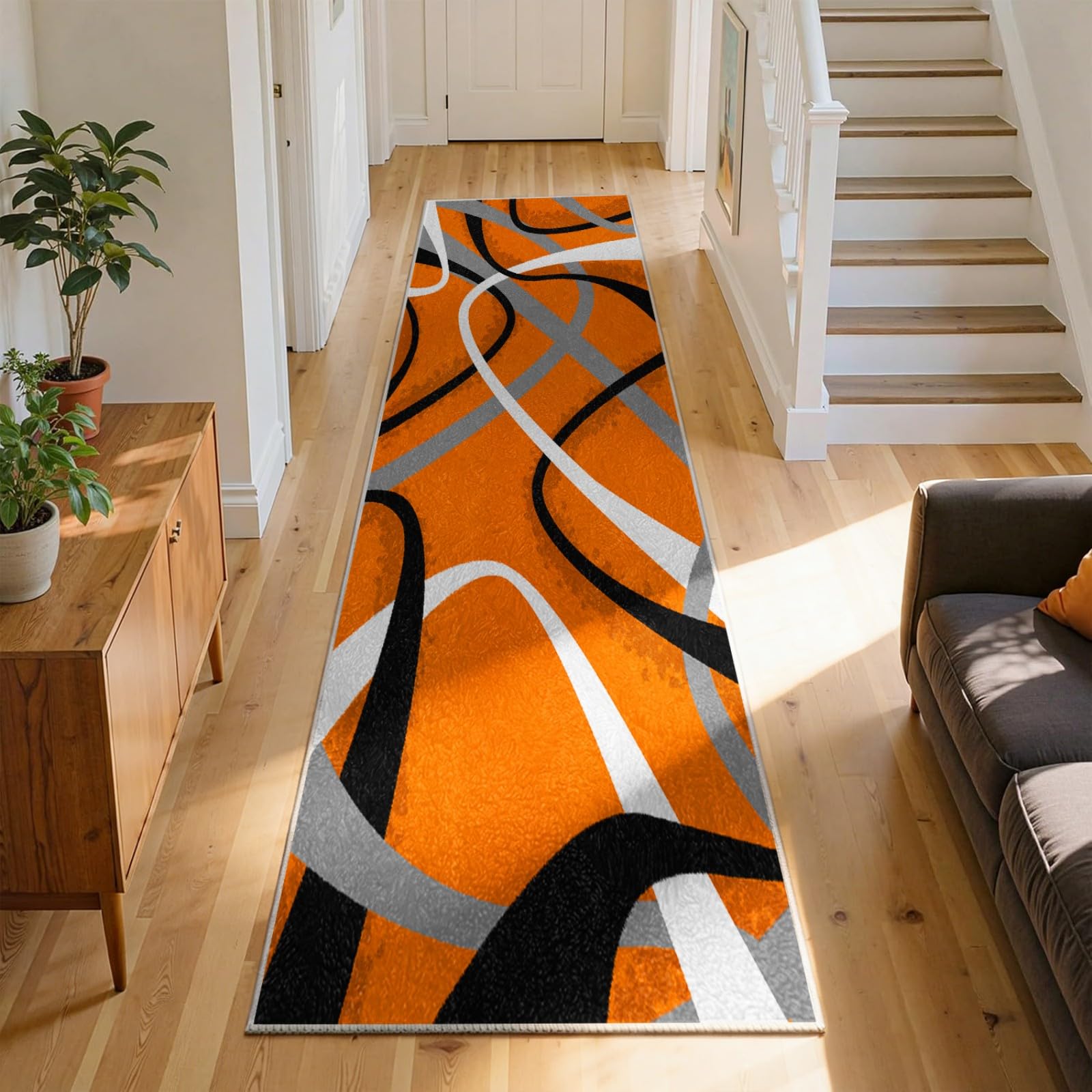WAOTMN Vintage Runner Rug for Entryway,80x200cm, Distressed Orange Extra Long Hallway Runners Non Slip Washable Geometric Abstract Art Swirl Floor Carpet Runners for Hallways Bedroom Office