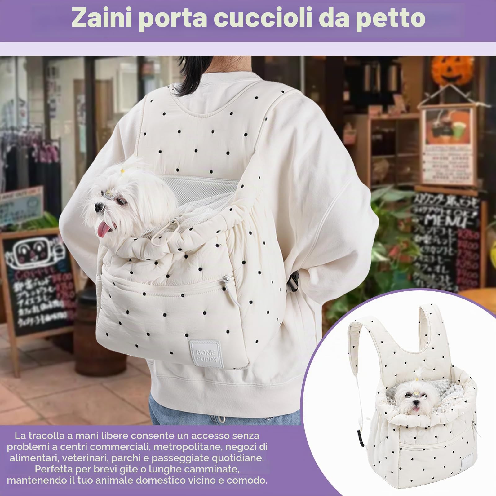 Zaino da viaggio per cuccioli, regolabile con coulisse traspirante, design a testa fuori per escursioni fino a 6 kg di animali domestici (nero)