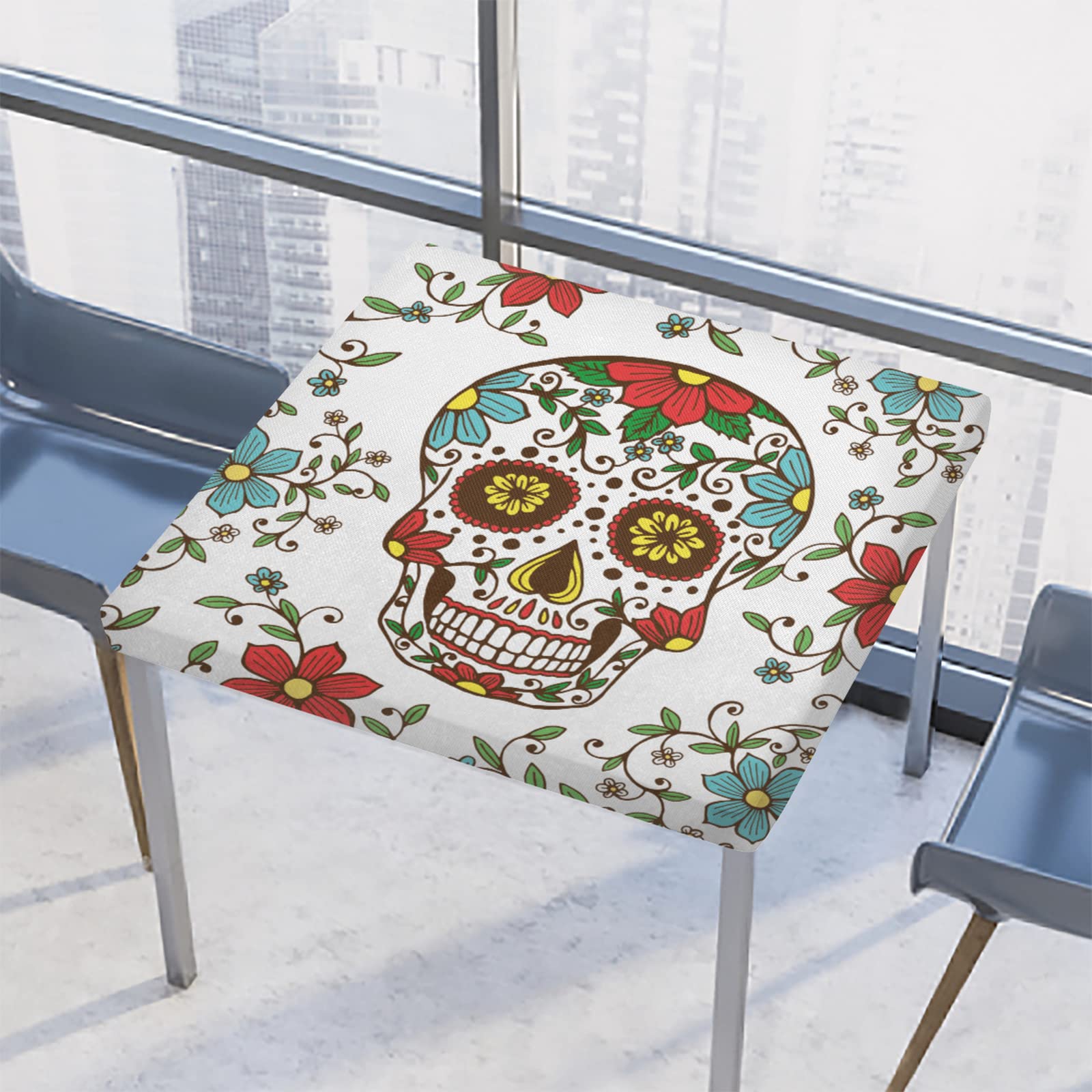 Sugar Skull Mexicon Flower Square Tablecloth with Elastic Edge,Chic Day Of The Dead Floral Fitted Table Cloth Waterproof Wipeable Square Table Cover for Dining Kitchen Party Patio Table 46x46 Inch