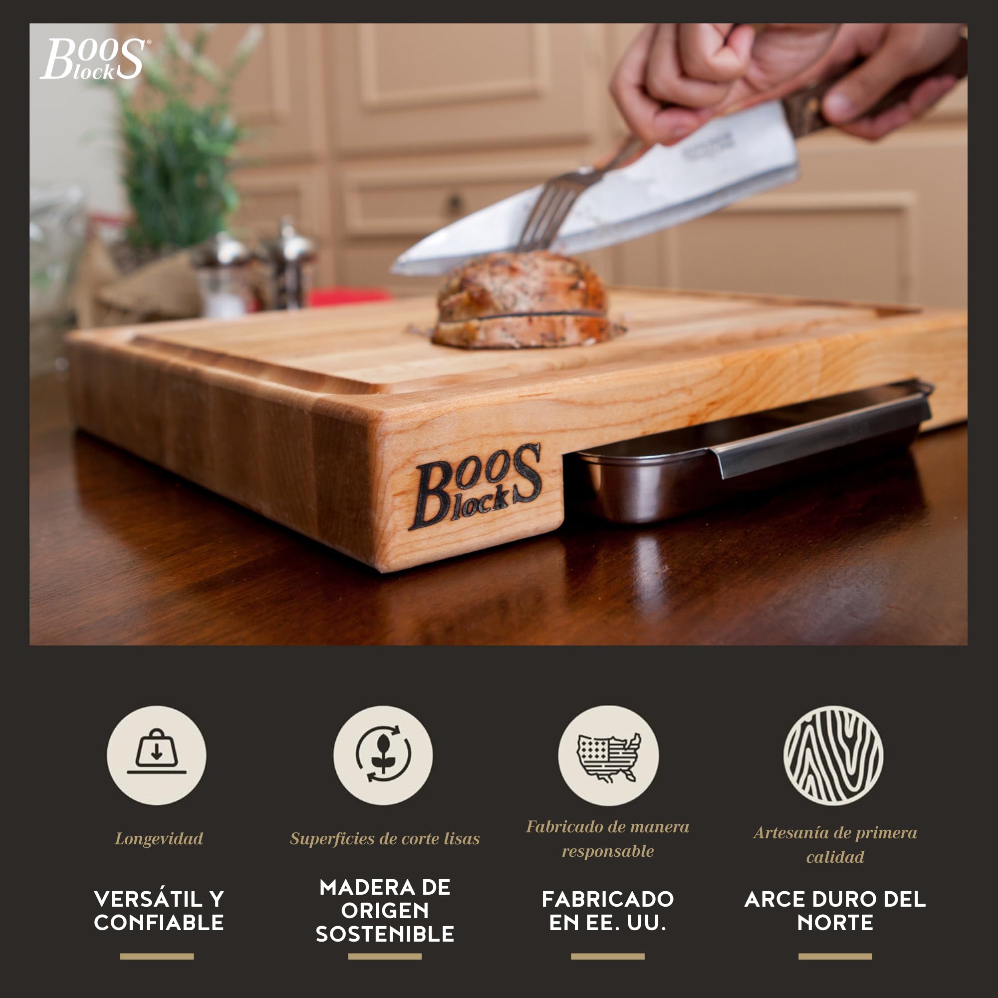 Boos Block Tabla Cortar con Recipientes - Ranura Para Jugo - 38 x 35 x 6 cm | Tabla Cortar Cocina Profesional - Reversible - Tabla Madera Cocina Grande - Extra Gruesa