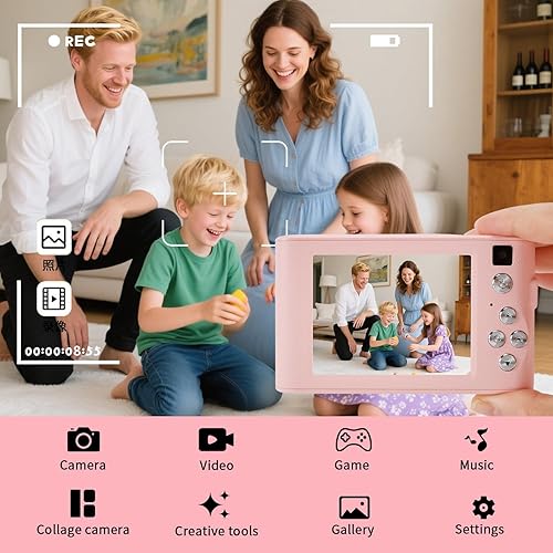 Miniatura 2 de Cámara digital rosa con tarjeta de 32 GB, pantalla 720P de enfoque automático de 3 pulgadas, cámara digital de punto y disparo con luz de flash,