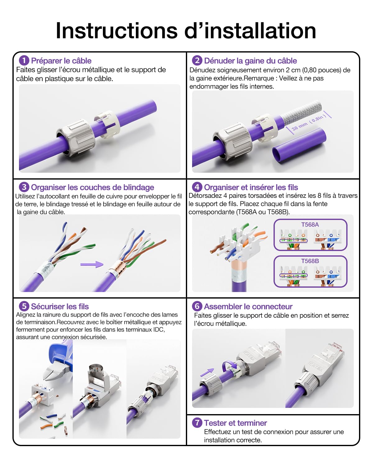 VCELINK Connecteur RJ45 sans Outil Cat6A, Fiche RJ45 Blindé, 12 Pièces | Fiche RJ45 à Contact Doré, 10 Gbit/s 500 MHz, Compatible Cat6A Cat6 Câble Réseau 22-24 AWG pour Routeur, Switch, Ordinateur