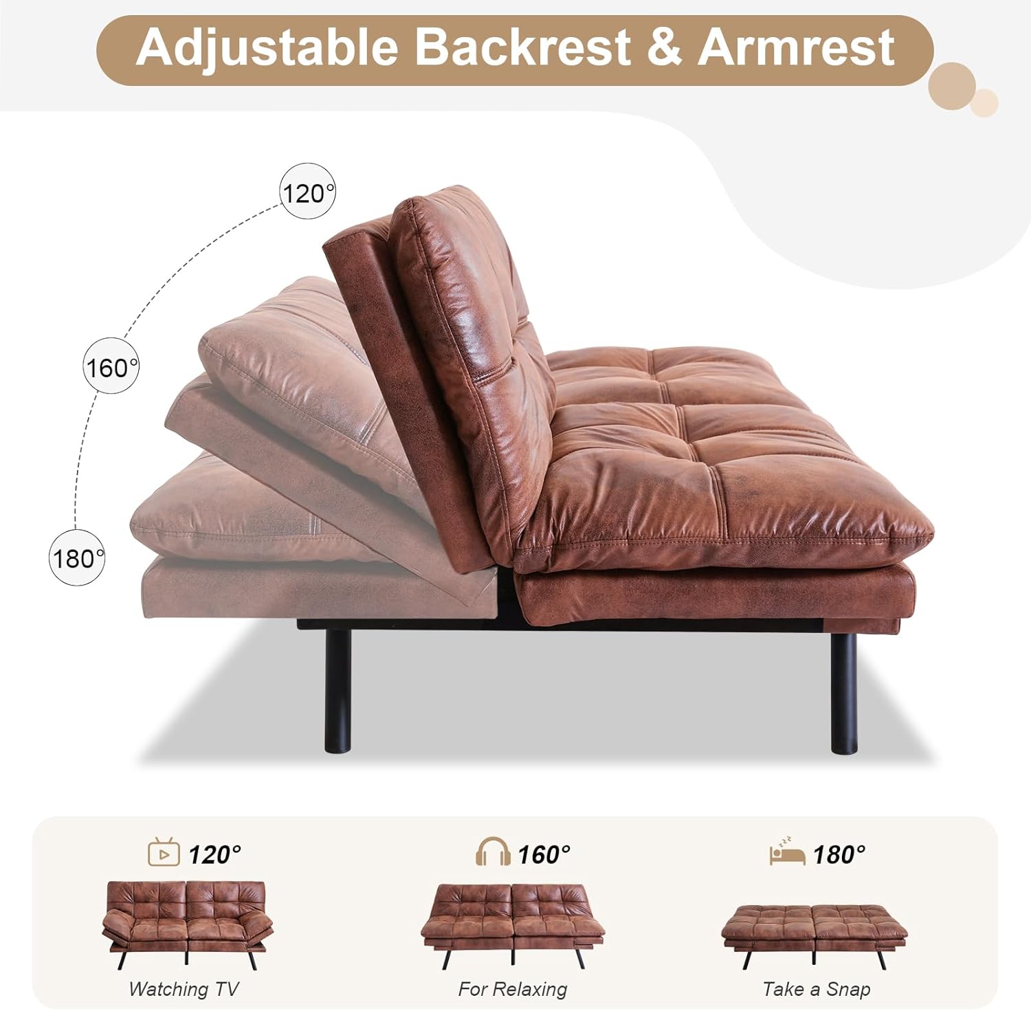 MUUEGM Convertible Futon Sofa Bed Adjustable Brown Sleeper Loveseat Couch Bed Memory Foam Modern Faux Leather Reversible Loveseat Folding for Living Room,Office
