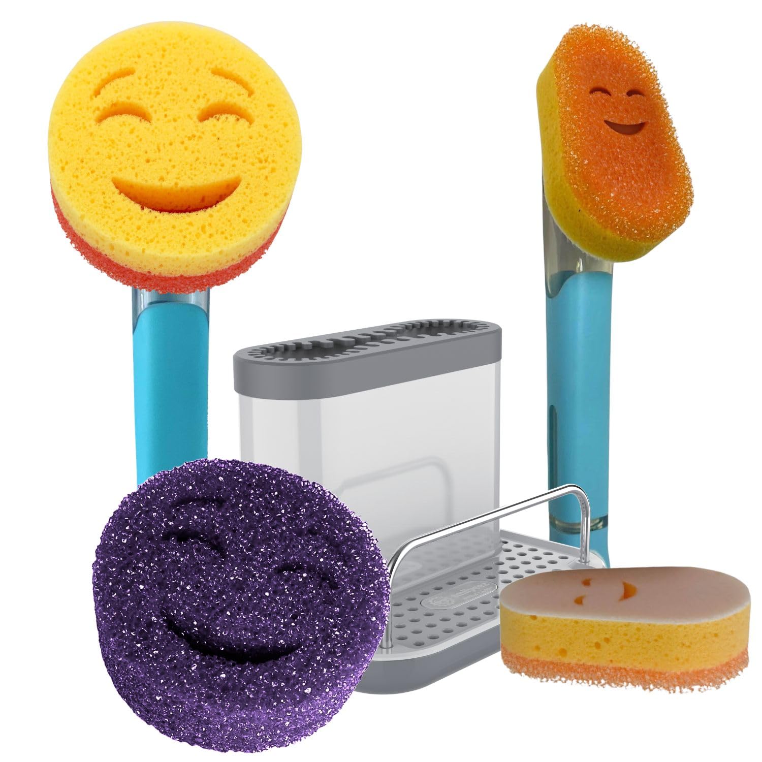 Smilyeez Caddy Combo, Sink Caddy, Smiling Handle, 2 Scrub Moji Sponges, Dishwand with 2 Mini Moji Sponges (Light Blue)