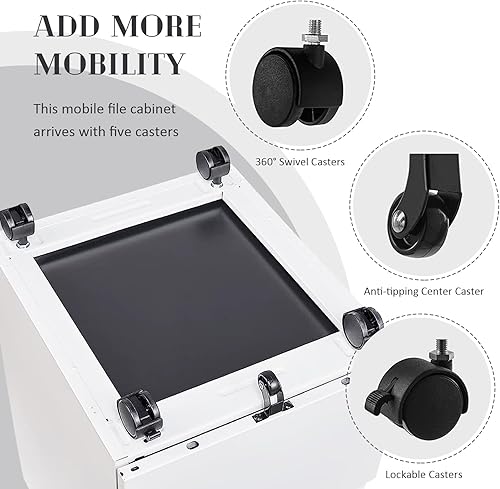 Miniatura 8 de SoarFlash Archivador de 3 cajones con cerradura, archivador de metal rodante para oficina en casa, debajo del escritorio, archivador móvil con