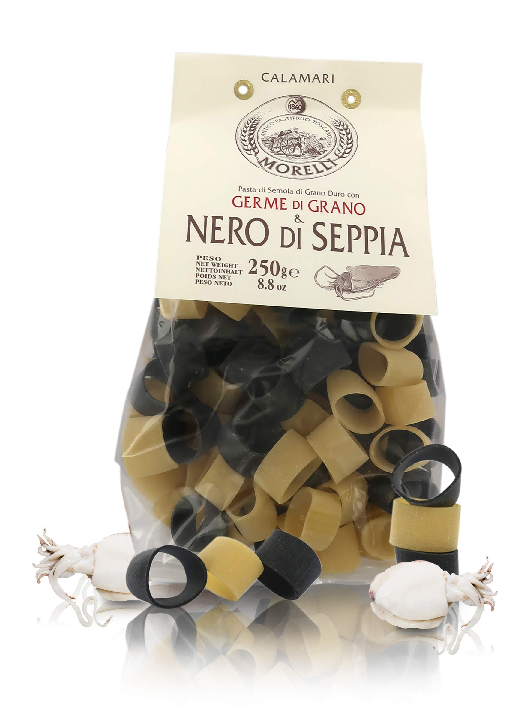 Antico Pastificio Morelli 1860 Srl Pasta Italiana De Sémola De Trigo con Tinta De Sepia - Formato Calamari - Lote De 8 x 250g