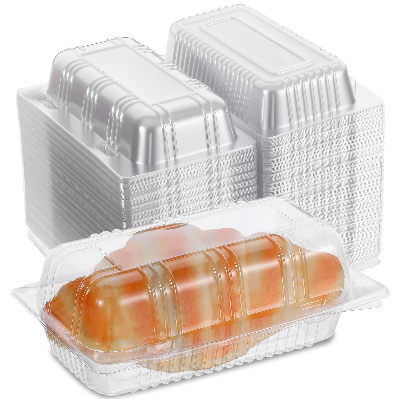 Photo 1 of 100pcs Locking Plastic Hot Dog Trays, Premium Food Container, Disposable Clear Food Presentation Boats for Takeout and To-Go Meals, 6.5"x2.5"x3.7" Small Containers.