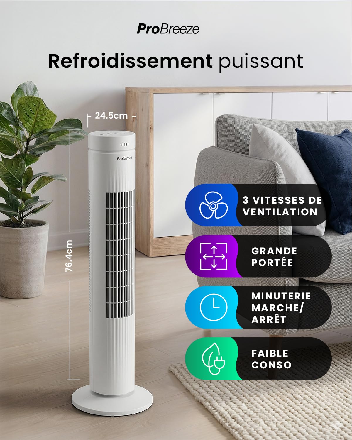 Pro Breeze Ventilateur colonne avec télécommande, hauteur 76 cm – Oscillation à 65°, minuteur, 3 vitesses – Ventilateur silencieux, puissant et économe en énergie pour chambre et bureau