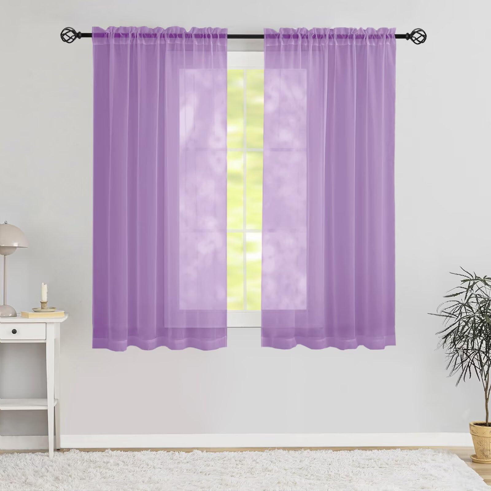 Karseteli Semi Voile Sheer Curtains 45 Inches Long 2 Panels Rod Pocket Window Treatment for Living Room Bedroom Dining Room(Lavender 42" W x 45" L)