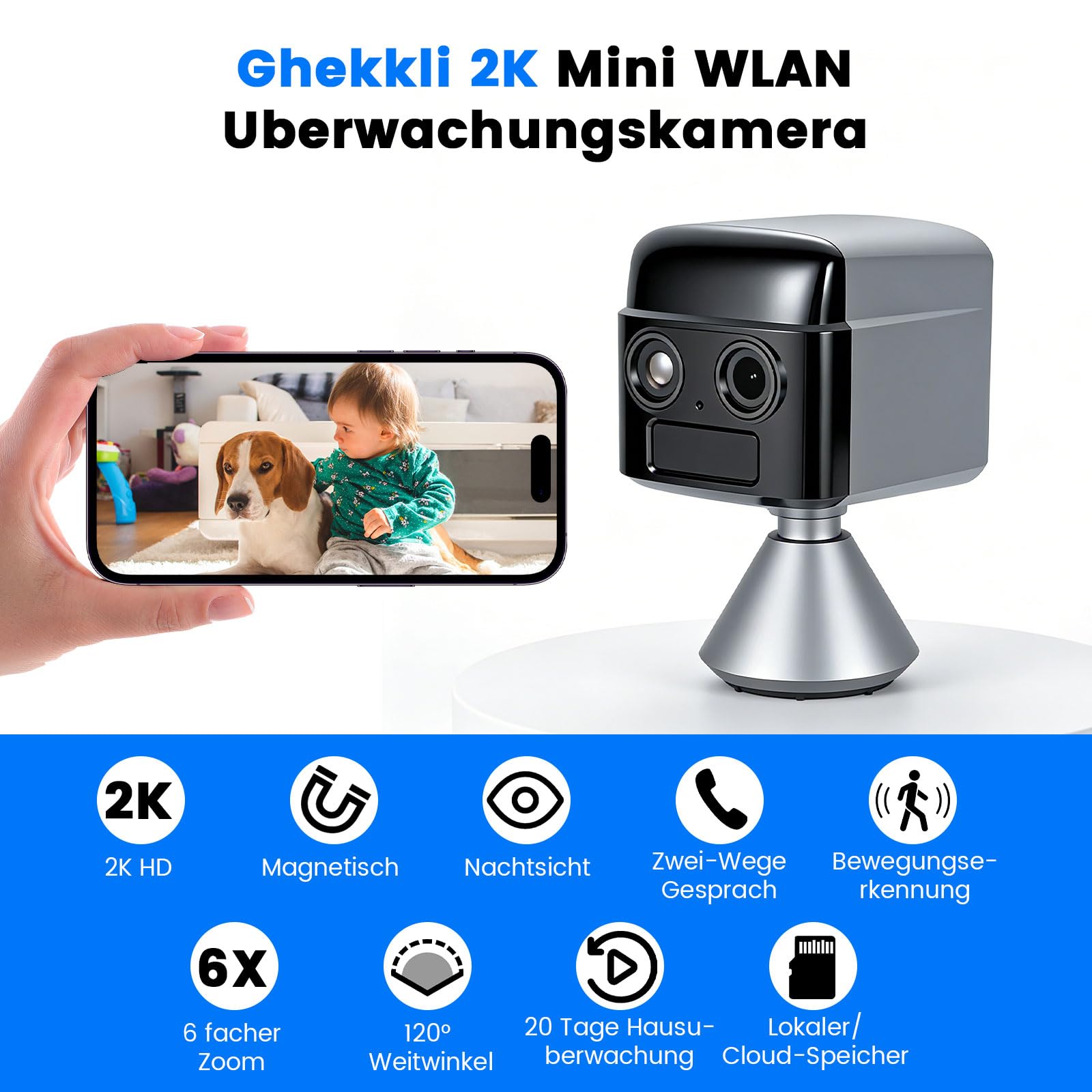 Mini Caméra, 2K HD Caméra Surveillance WiFi Interieur/Extérieur avec Vision Nocturne, Mini Camera Espion Sans Fil - 130° Grand Angle & Détection Intelligente de Mouvement AI, 21 Jours de Batterie